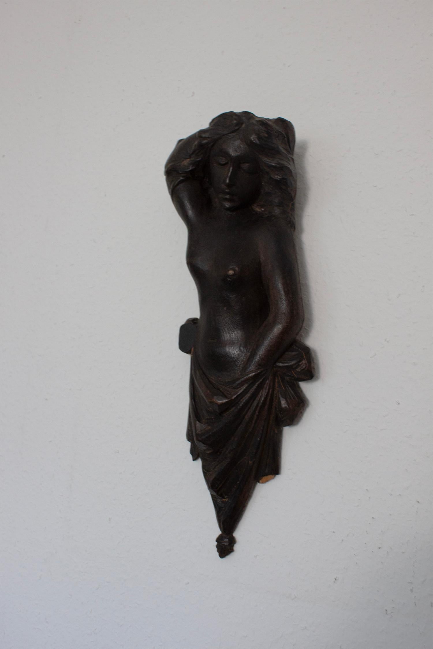 German Ebonized Man and Female Wood Sculpture/ Carving with Drapery in Baroque Style For Sale
