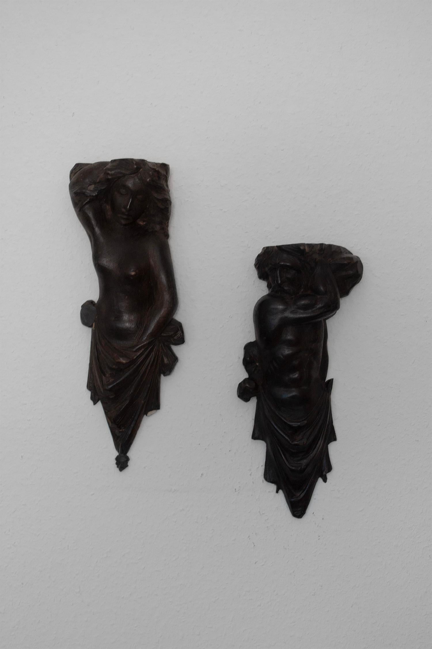Hand-Carved Ebonized Man and Female Wood Sculpture/ Carving with Drapery in Baroque Style For Sale
