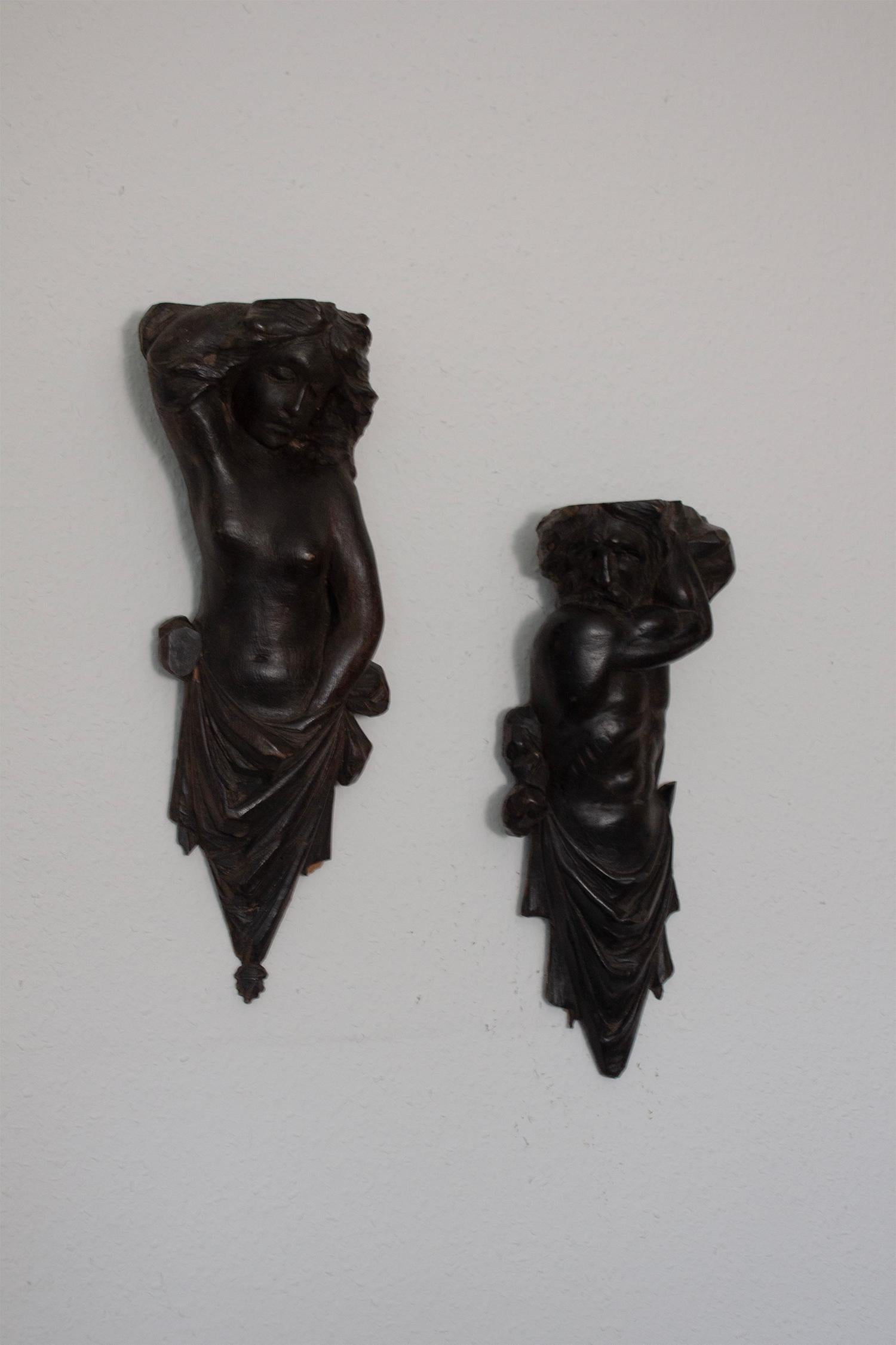 Ebonized Man and Female Wood Sculpture/ Carving with Drapery in Baroque Style In Fair Condition For Sale In Rümmingen, BW