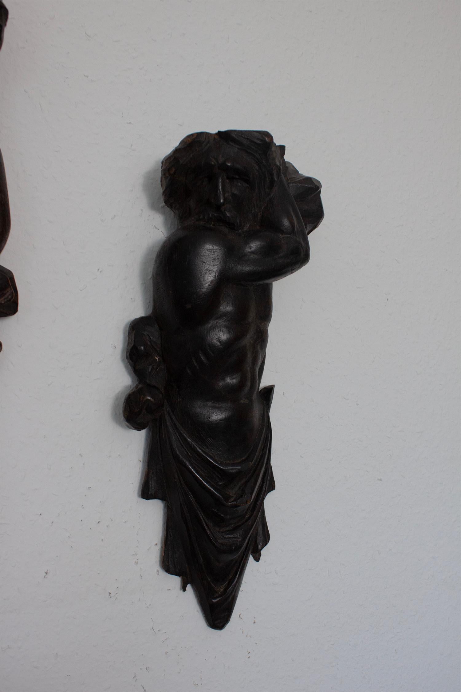 19th Century Ebonized Man and Female Wood Sculpture/ Carving with Drapery in Baroque Style For Sale