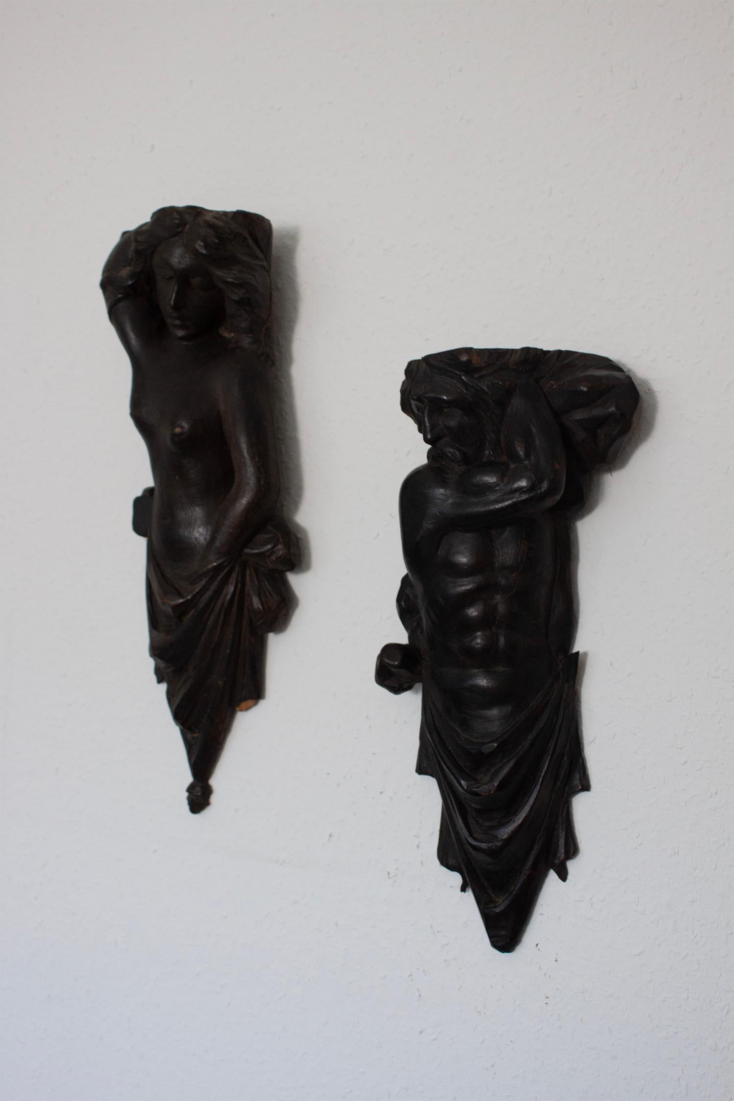 Ebonized Man and Female Wood Sculpture/ Carving with Drapery in Baroque Style For Sale 1