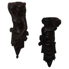 Ebonized Man and Female Wood Sculpture/ Carving with Drapery in Baroque Style