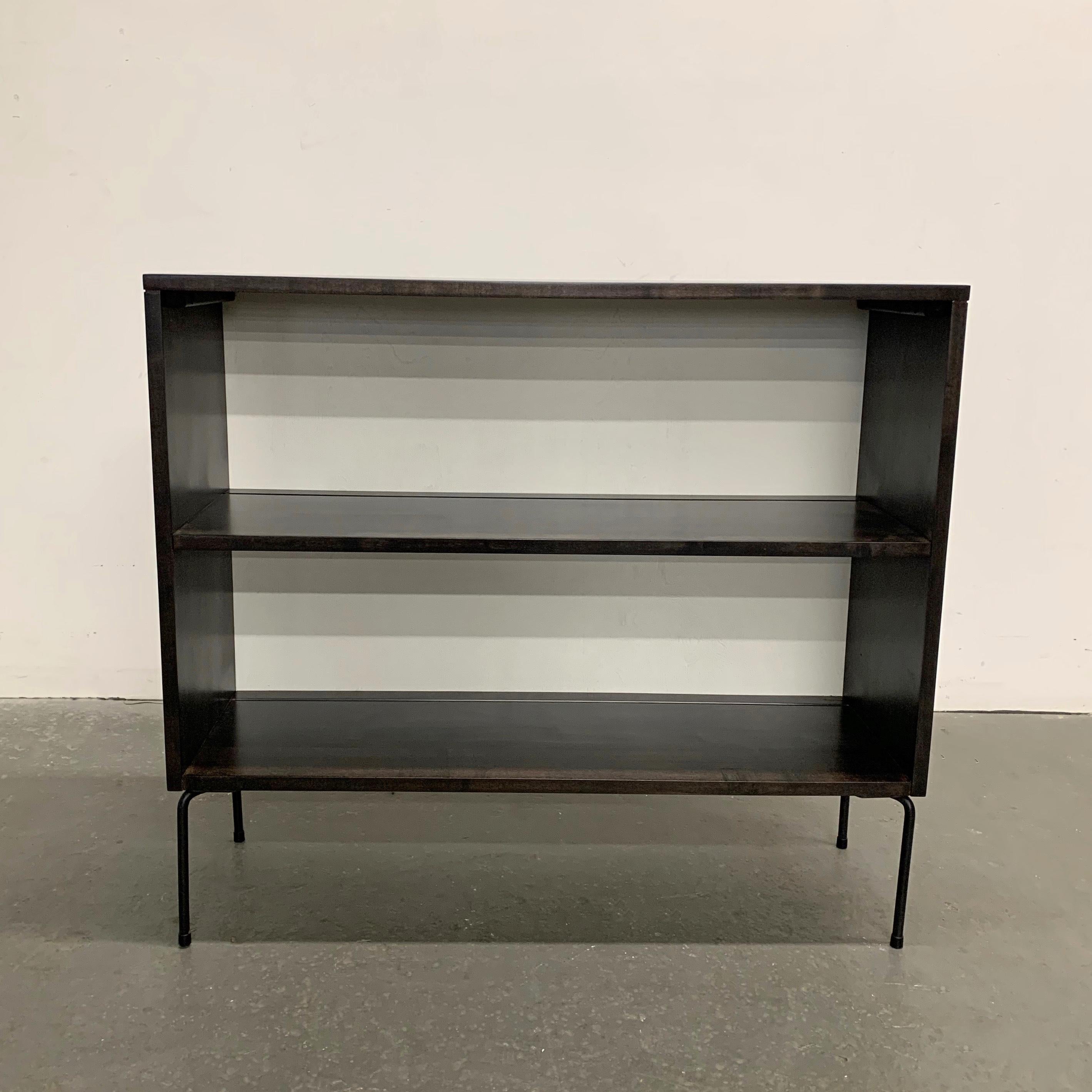 Mid-Century Modern, ebonized maple, open bookcase or display cabinet with newly added wrought iron legs.