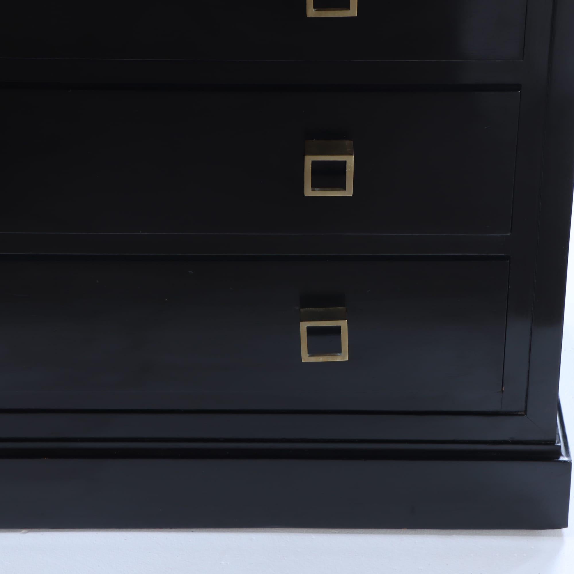Ebonized marble top dresser having geometric brass drawer pulls C 1960. For Sale 1