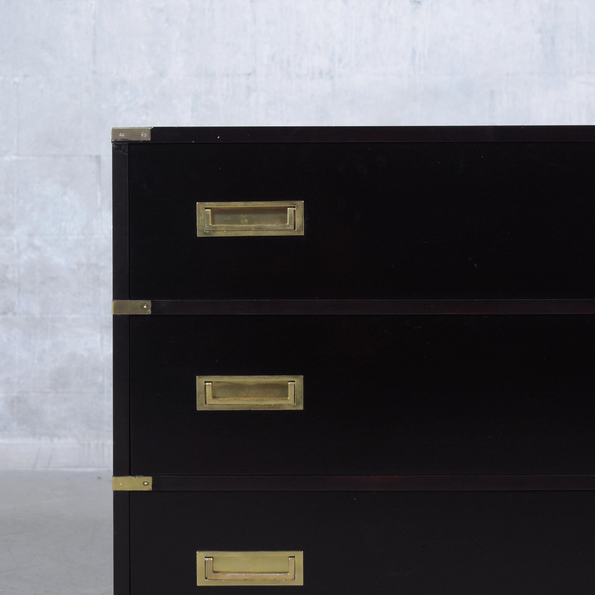 Canadian Restored Midcentury Mahogany Campaign Chest with Brass Accents and Black Lacquer