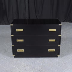 Restored Midcentury Mahogany Campaign Chest with Brass Accents and Black Lacquer
