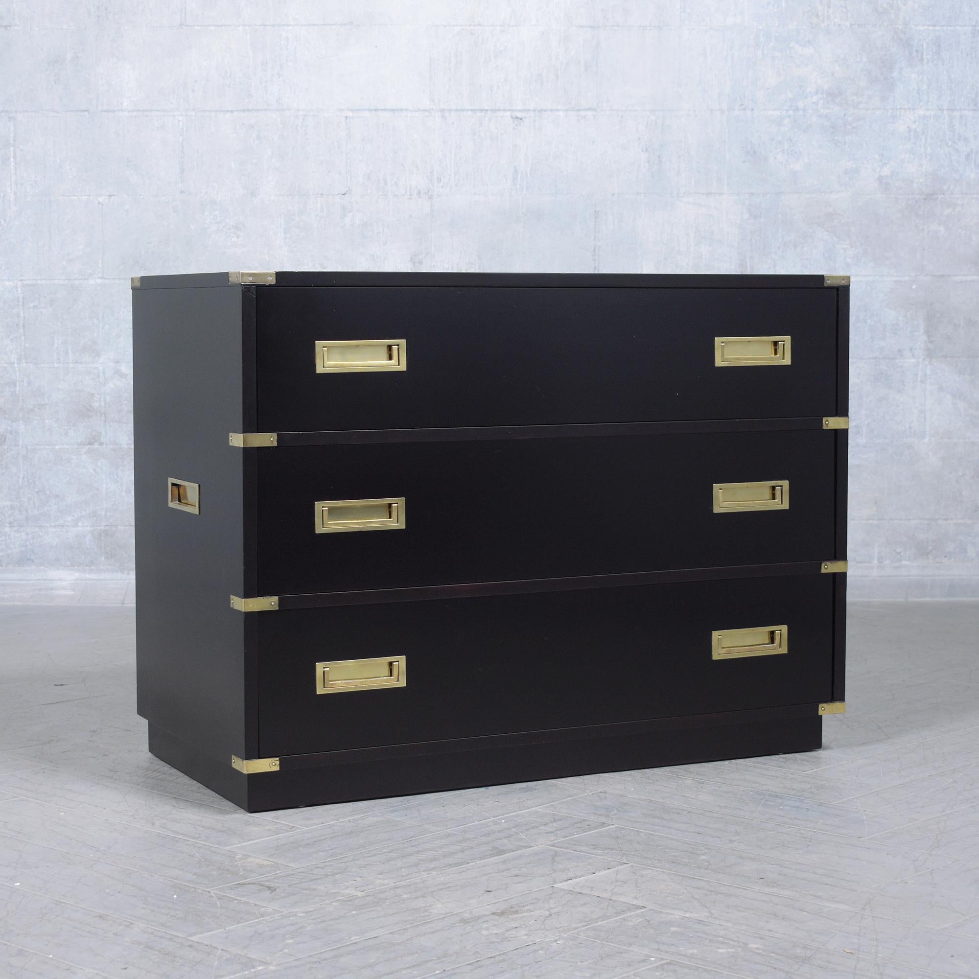 Mid-20th Century Restored Midcentury Mahogany Campaign Chest with Brass Accents and Black Lacquer