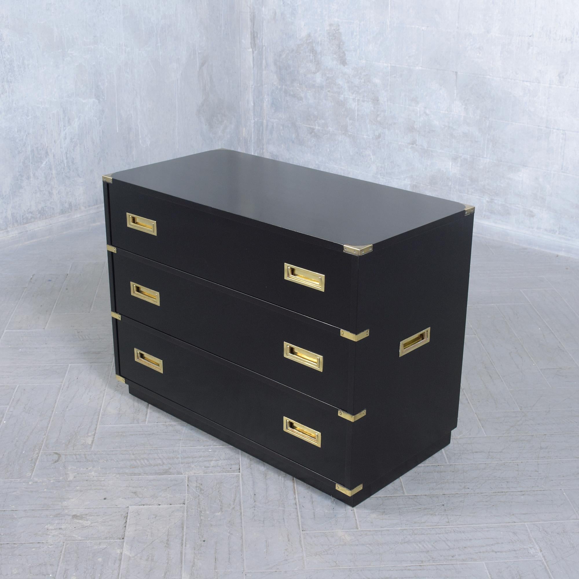 Restored Midcentury Mahogany Campaign Chest with Brass Accents and Black Lacquer 1