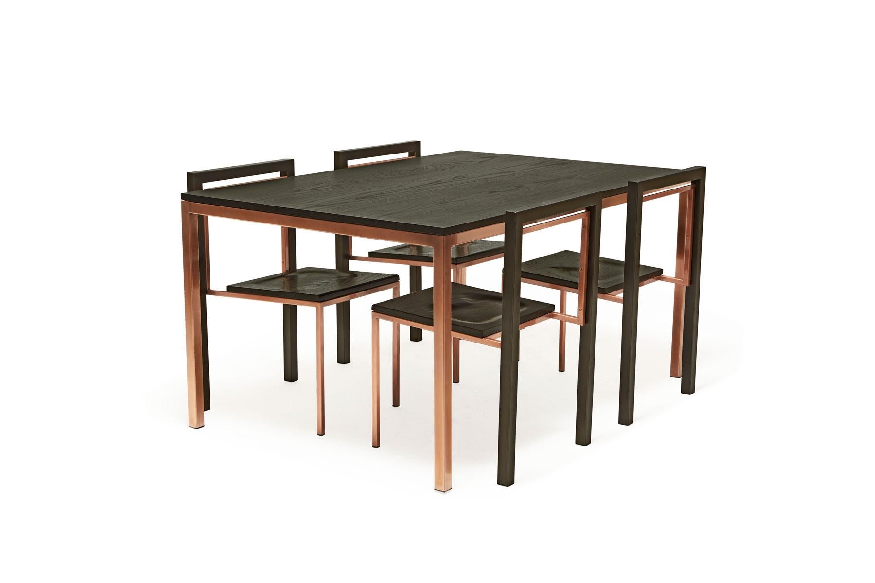 Clean lines and high quality materials are the basis of Stephen Kenn's Inheritance Collection. This simple yet elegant dining set features a solid ebonized oak tabletop with an antique copper-plated steel base. The table is paired with four matching