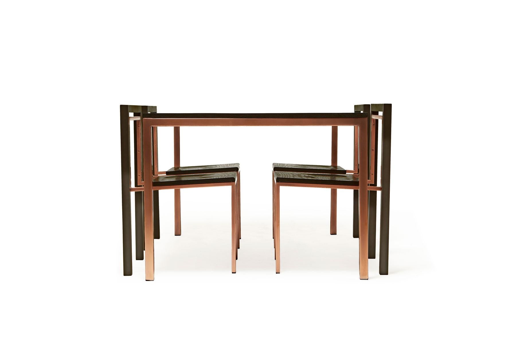 American Ebonized Oak and Antique Copper Dining Set For Sale