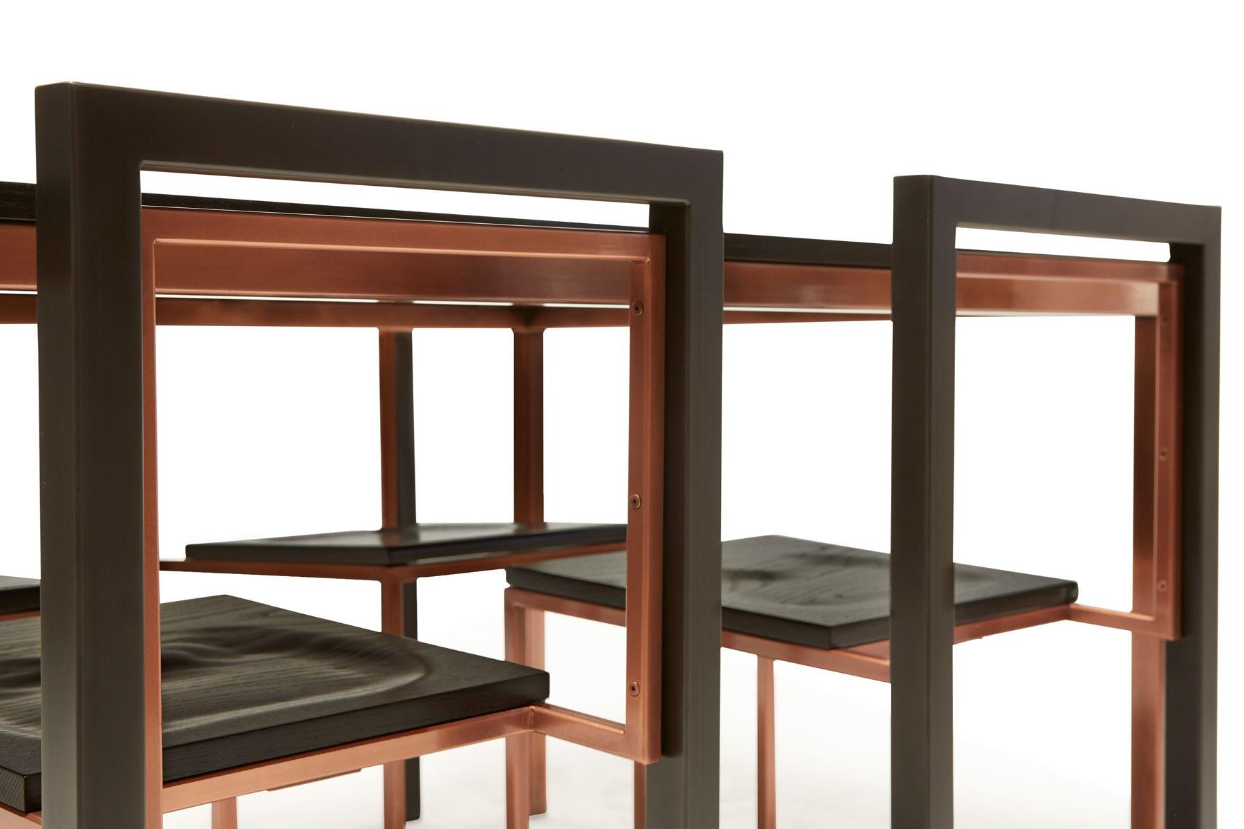 Plated Ebonized Oak and Antique Copper Dining Set For Sale