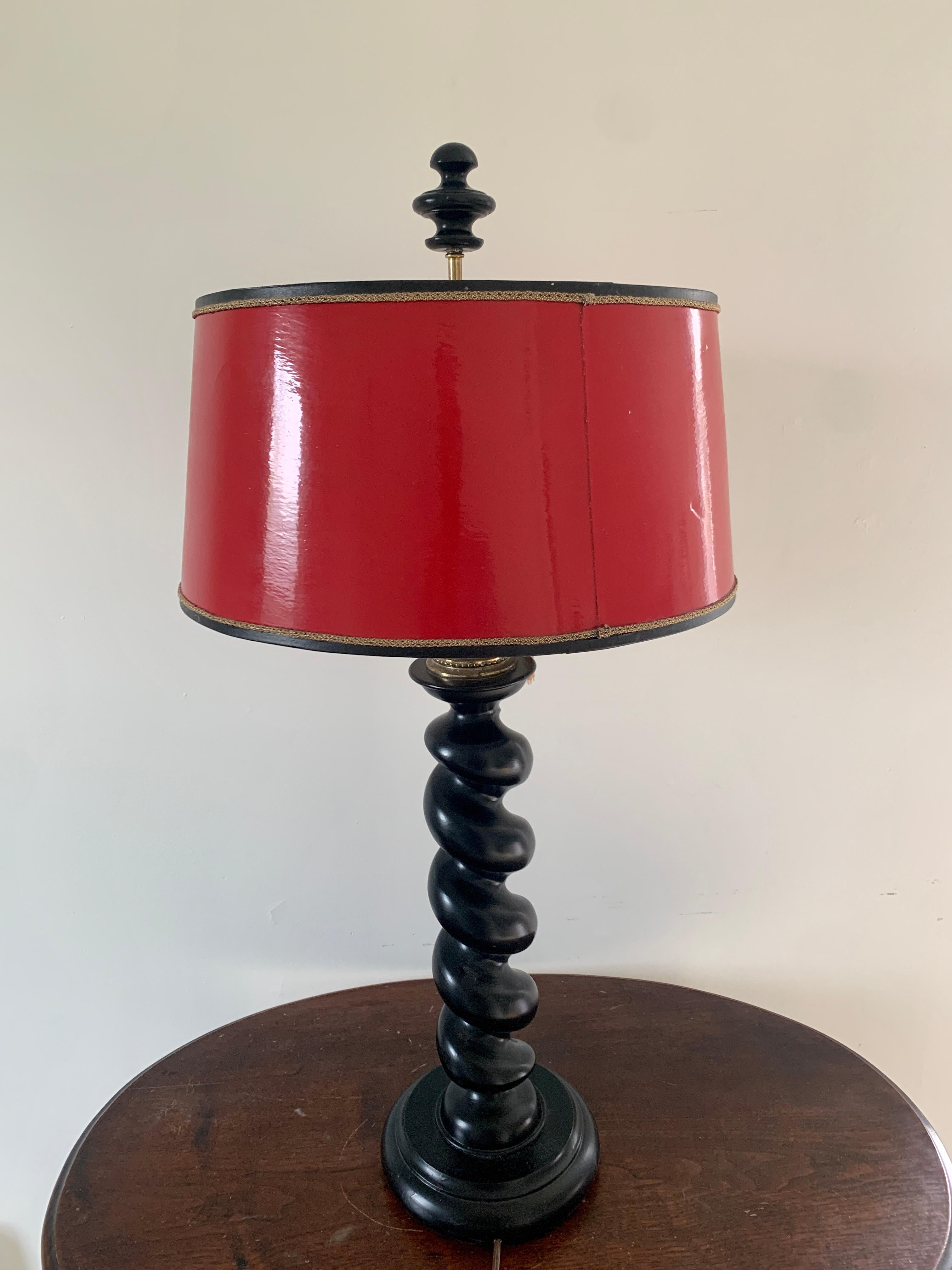 Ebonized Oak Barley Twist Table Lamp with Red Lacquered Shade For Sale 4