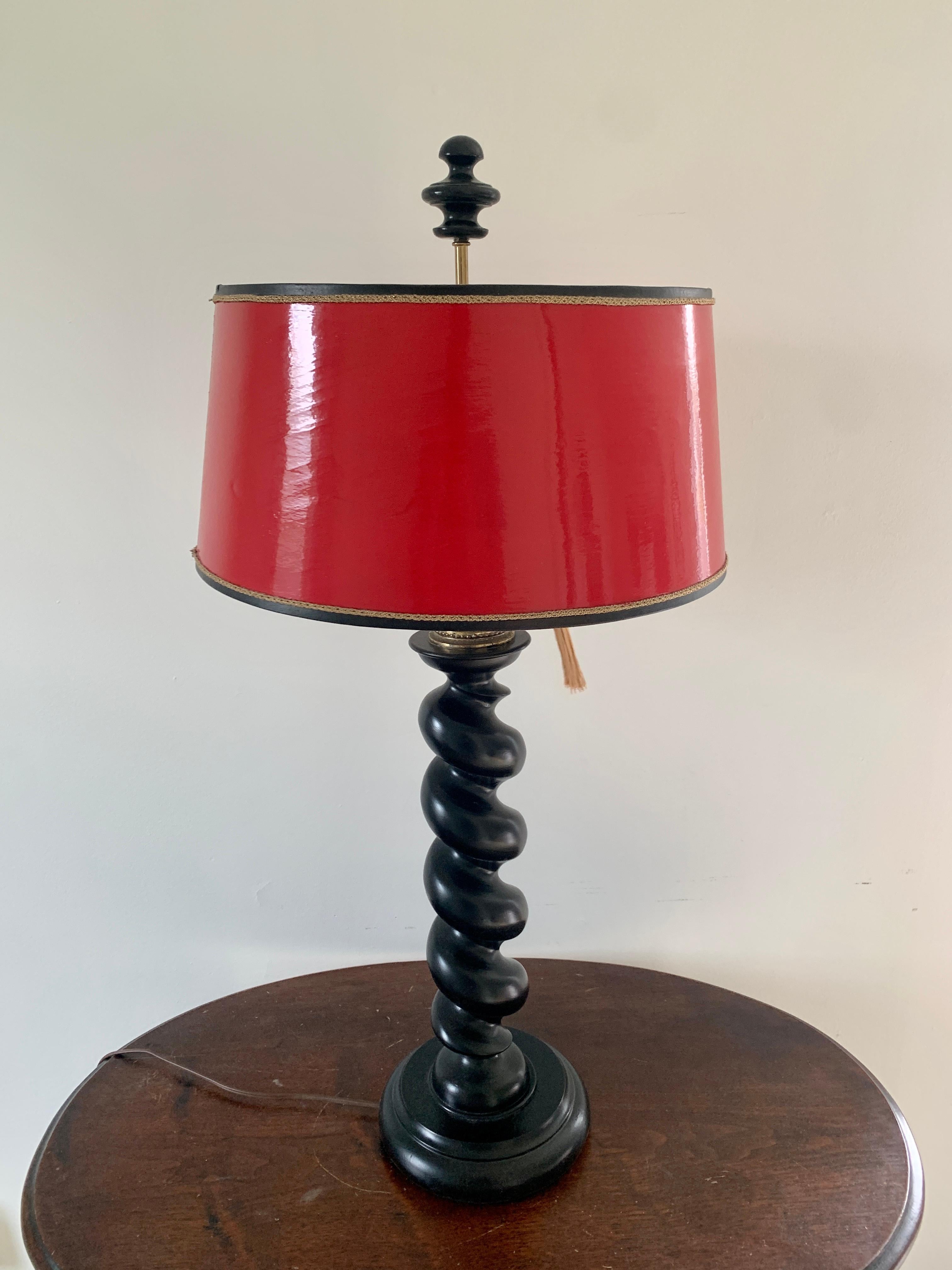 Ebonized Oak Barley Twist Table Lamp with Red Lacquered Shade For Sale 5