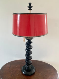 Ebonized Oak Barley Twist Table Lamp with Red Lacquered Shade
