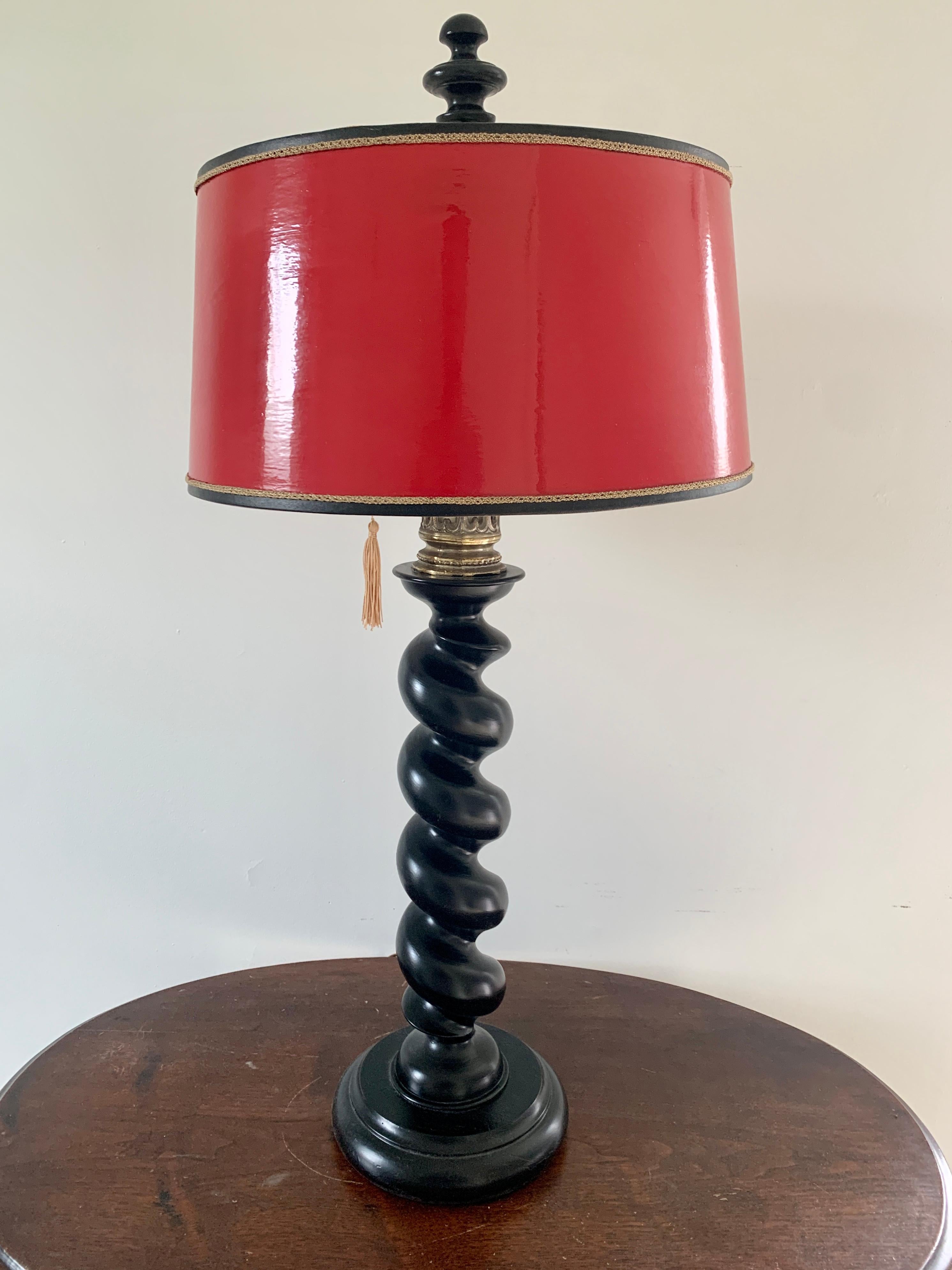 American Classical Ebonized Oak Barley Twist Table Lamp with Red Lacquered Shade For Sale