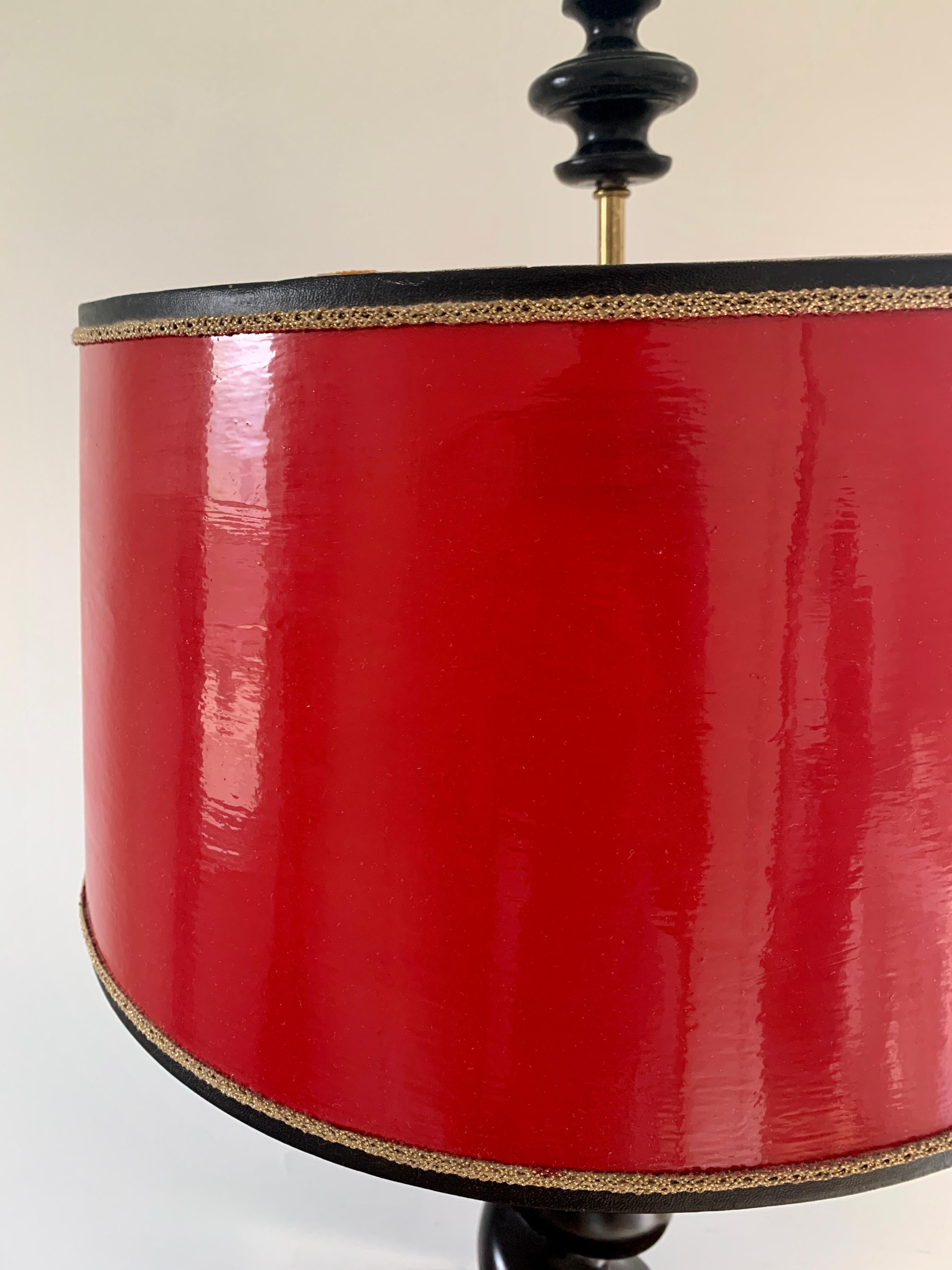 Ebonized Oak Barley Twist Table Lamp with Red Lacquered Shade In Good Condition For Sale In Elkhart, IN