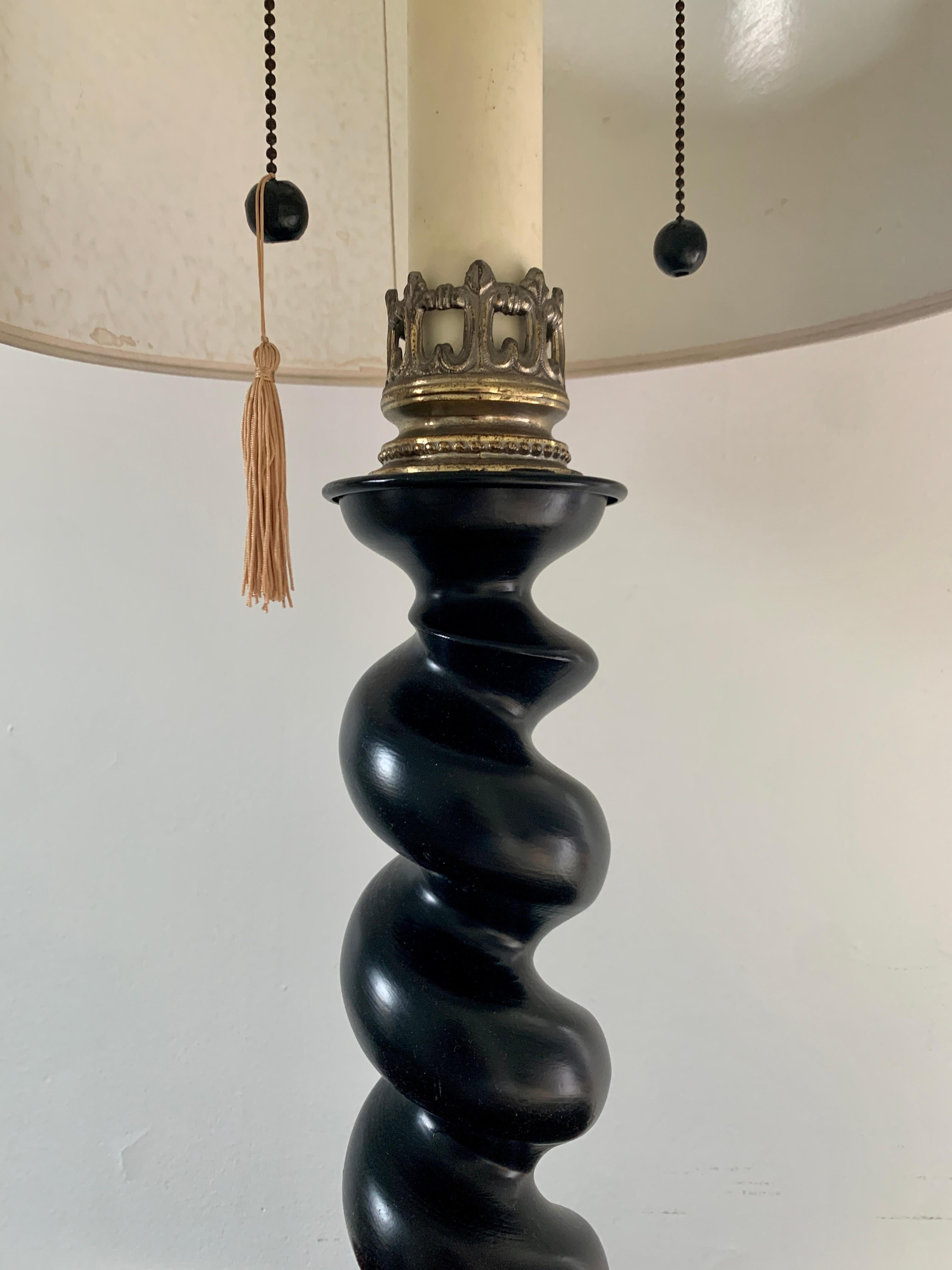 20th Century Ebonized Oak Barley Twist Table Lamp with Red Lacquered Shade For Sale