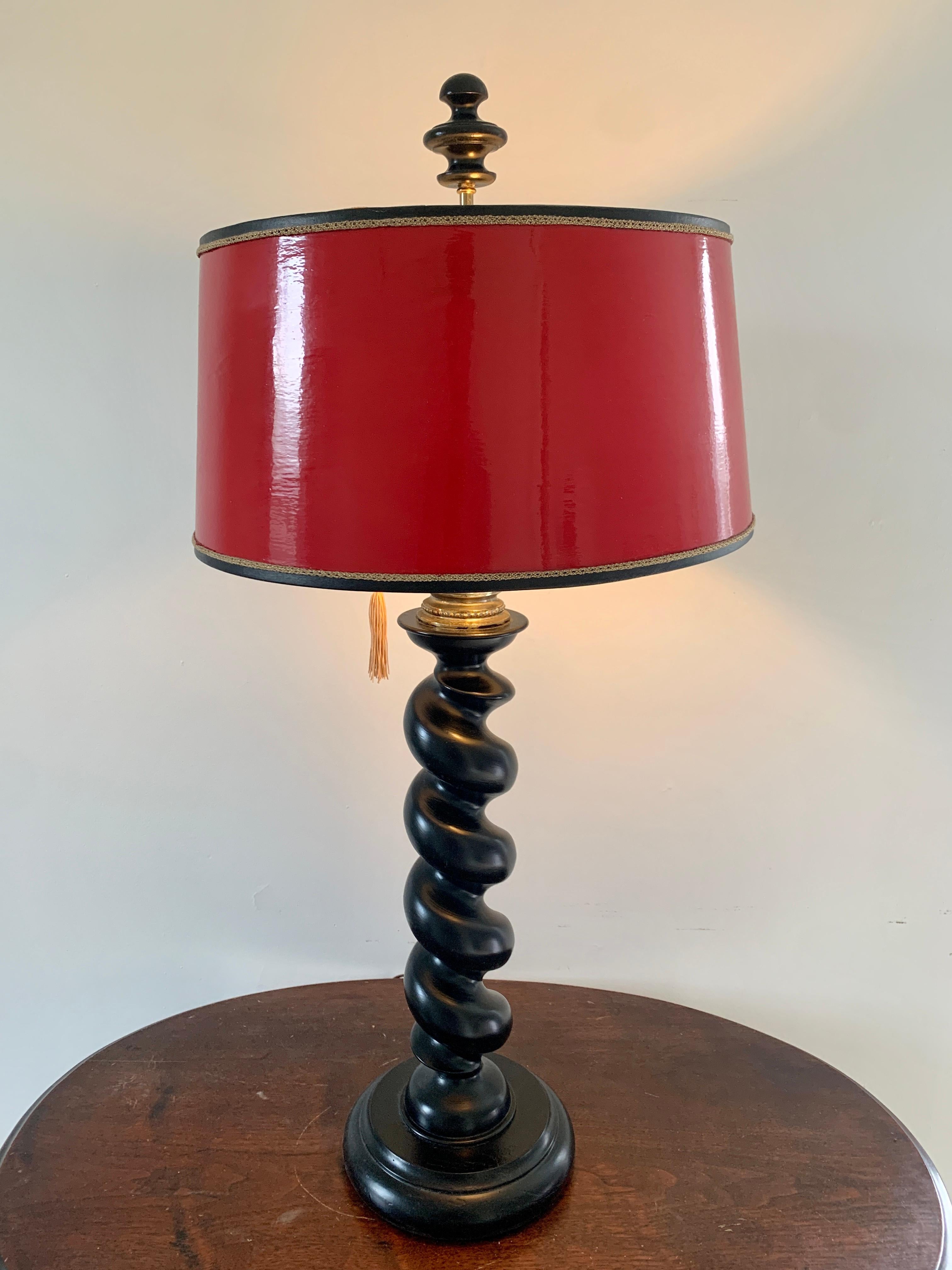 Ebonized Oak Barley Twist Table Lamp with Red Lacquered Shade For Sale 2