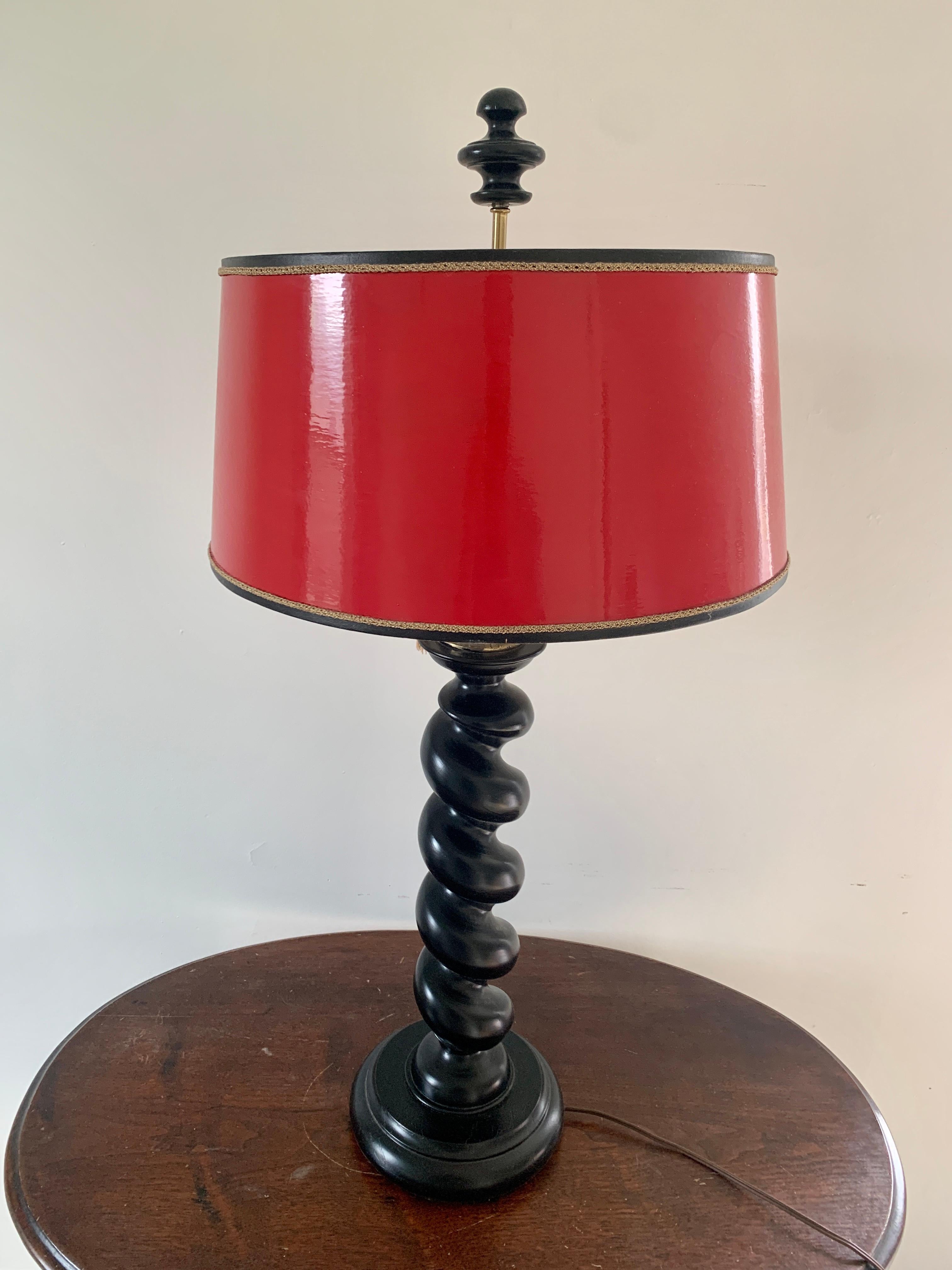 Ebonized Oak Barley Twist Table Lamp with Red Lacquered Shade For Sale 3