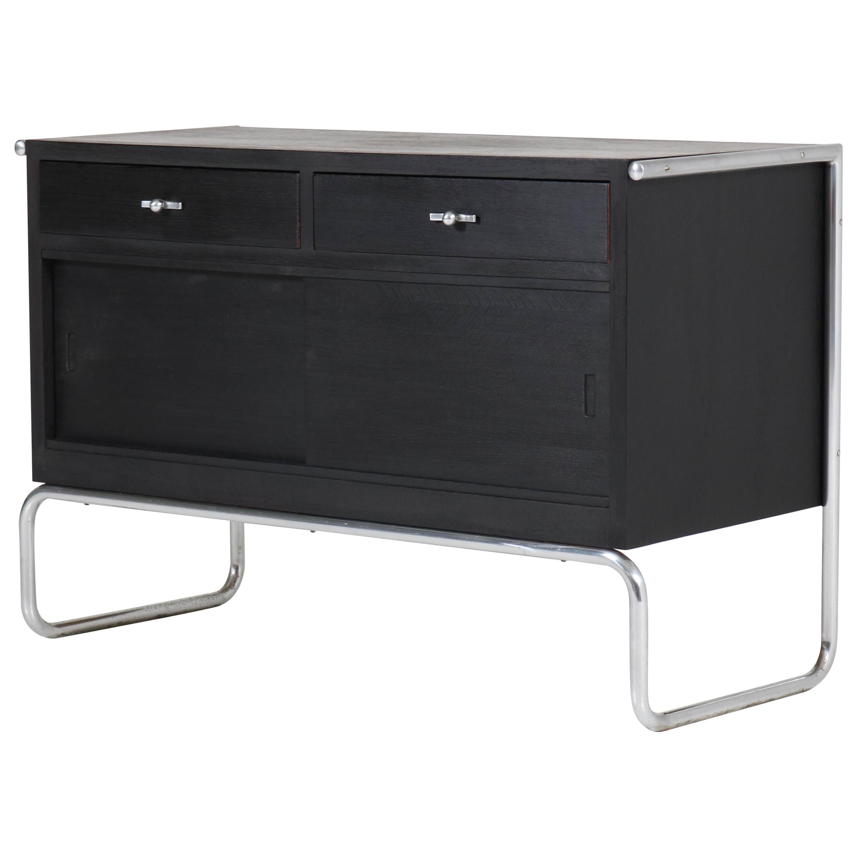 Ebonized Oak German Art Deco Bauhaus Style Tubular Steel Credenza, 1930s