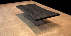 Modern Ebonized Live Edge Oak Low Table with Glass Legs