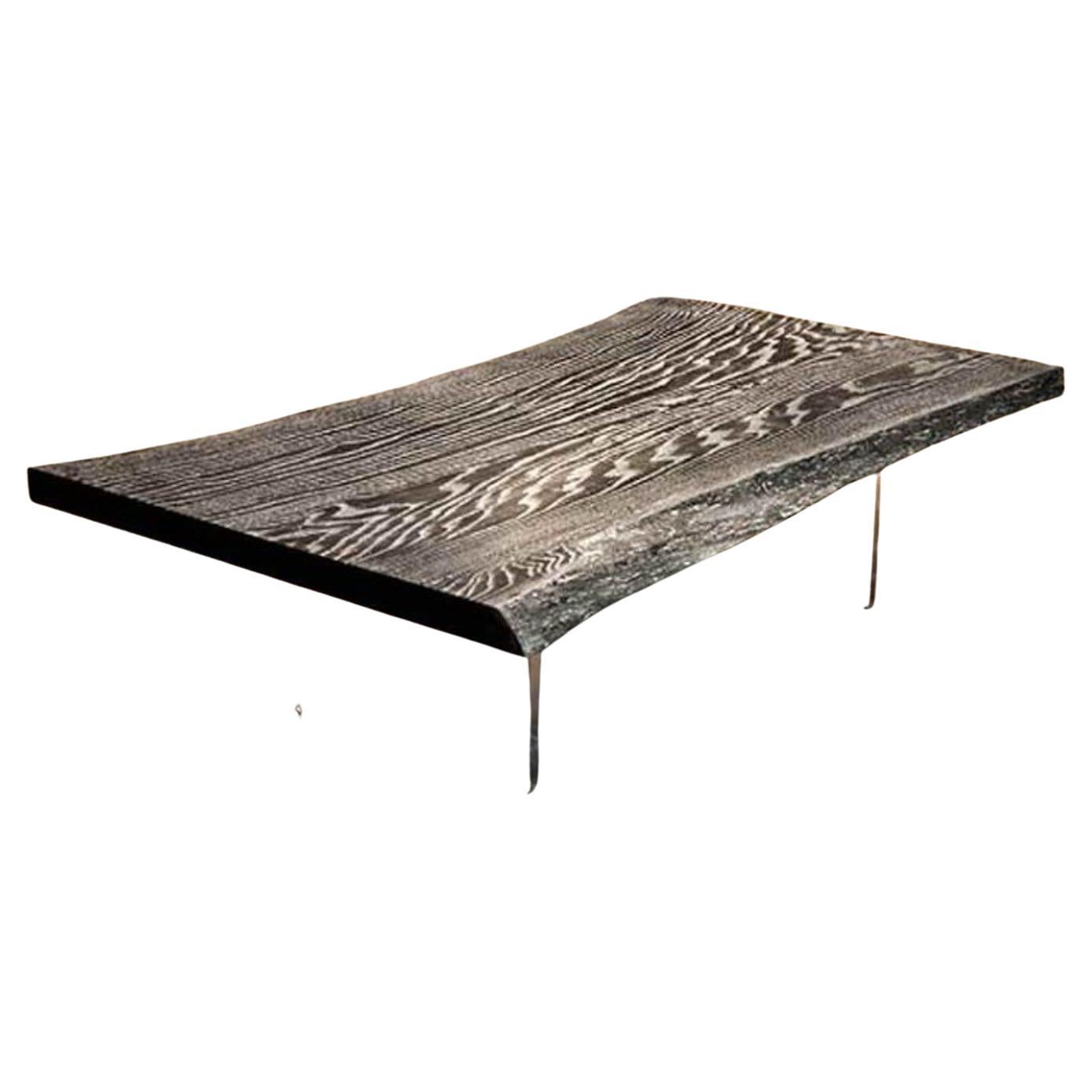 Modern Ebonized Live Edge Oak Low Table with Glass Legs For Sale