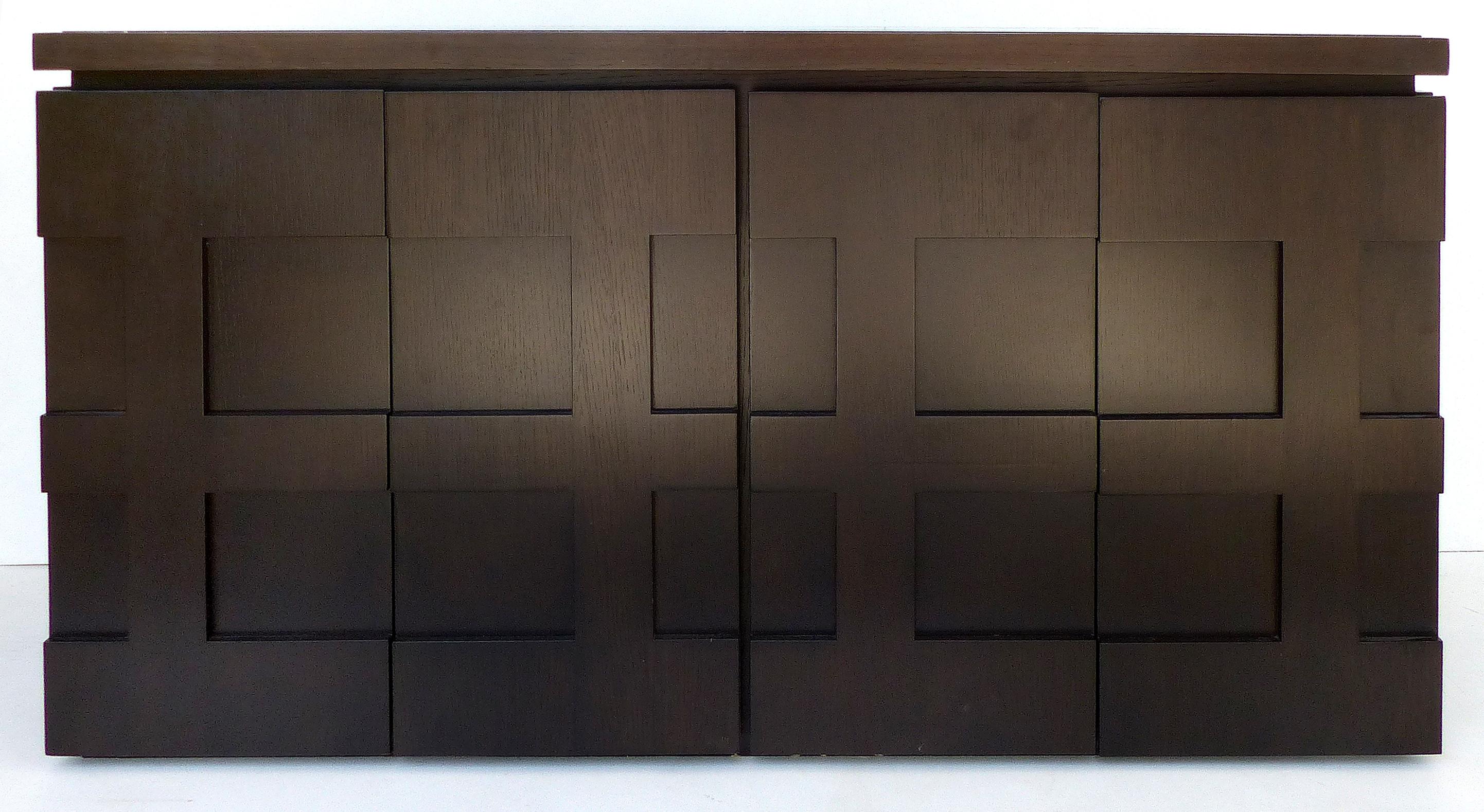 American Raul Carrasco Ebonized Oak, Marble Top Block Front Cabinets, Pair