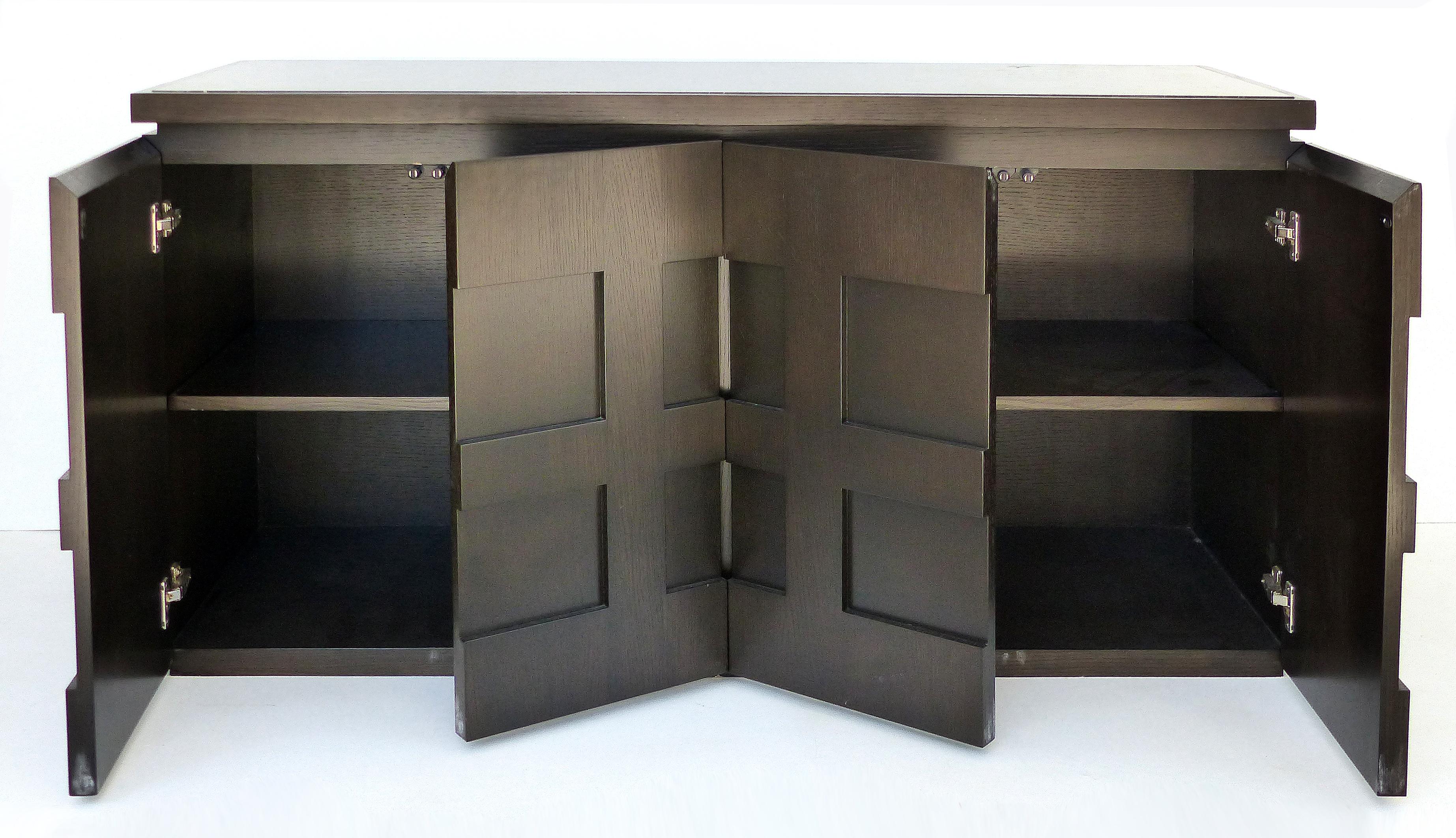 Contemporary Raul Carrasco Ebonized Oak, Marble Top Block Front Cabinets, Pair