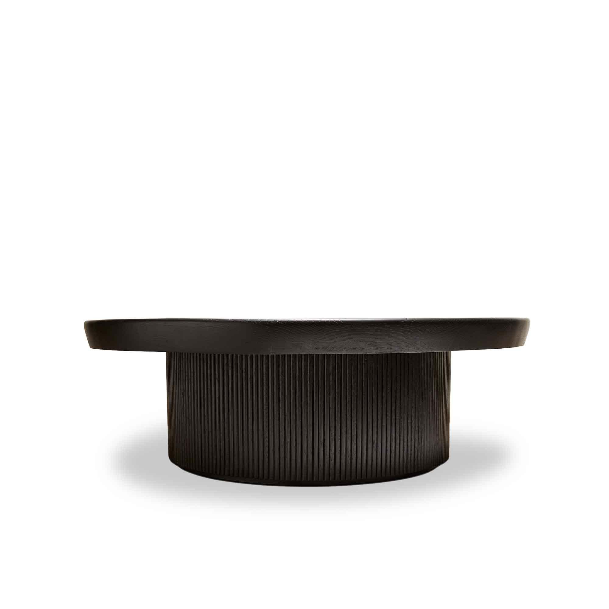 Ebonized Oak Ojai Coffee Table by Lawson-Fenning. The Ojai coffee table features a round top with marquetry and a drum-shaped base with tambour details. Available in American walnut or white oak. 

The Lawson-Fenning Collection is designed and