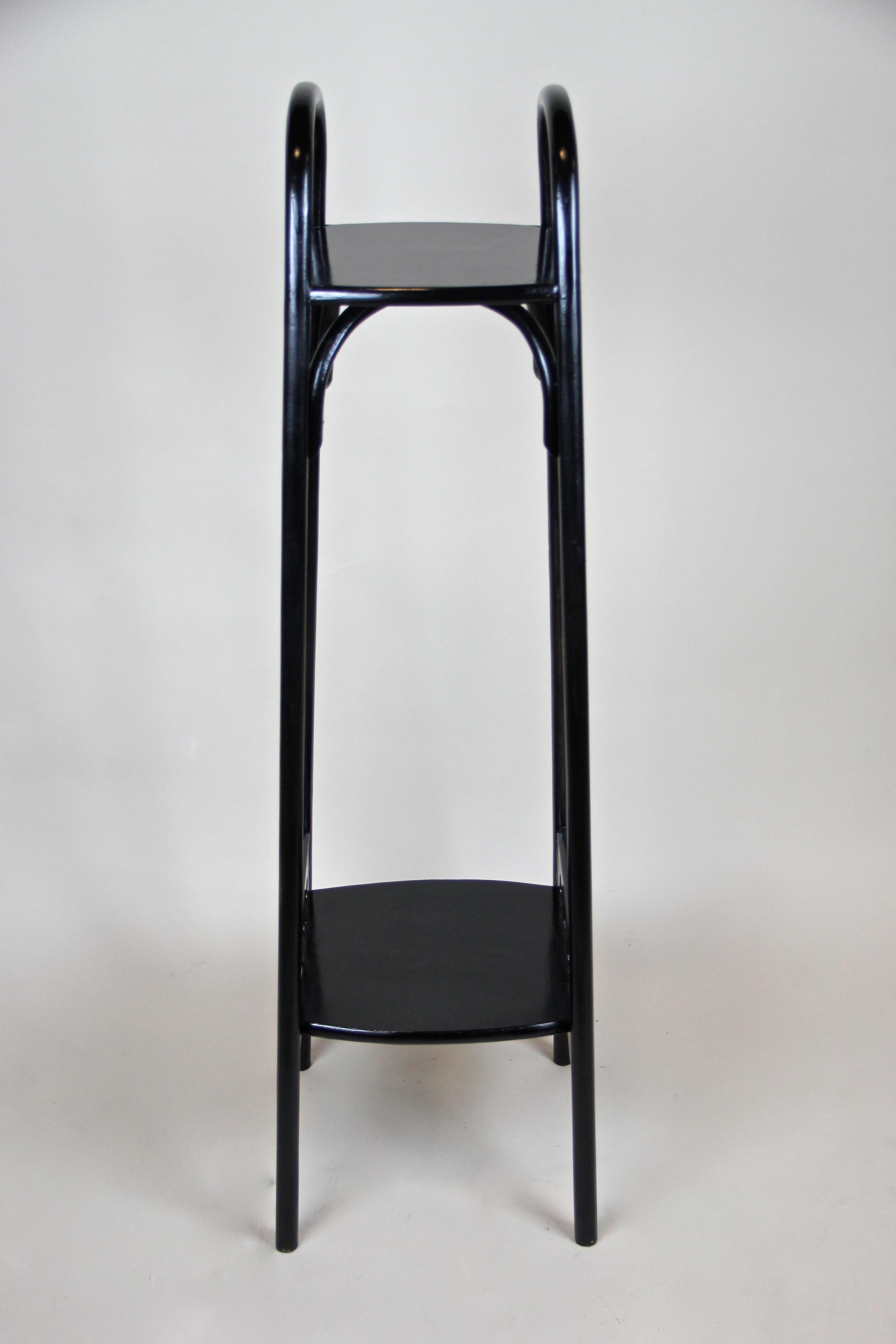 Fine ebonized bentwood pedestal made by the famous company of Thonet Vienna circa 1906. This straight shaped pedestal, Mod.Nr. 9522, provides two levels connected by elegantly bent beechwood. The lower section is highlighted by two perforated design