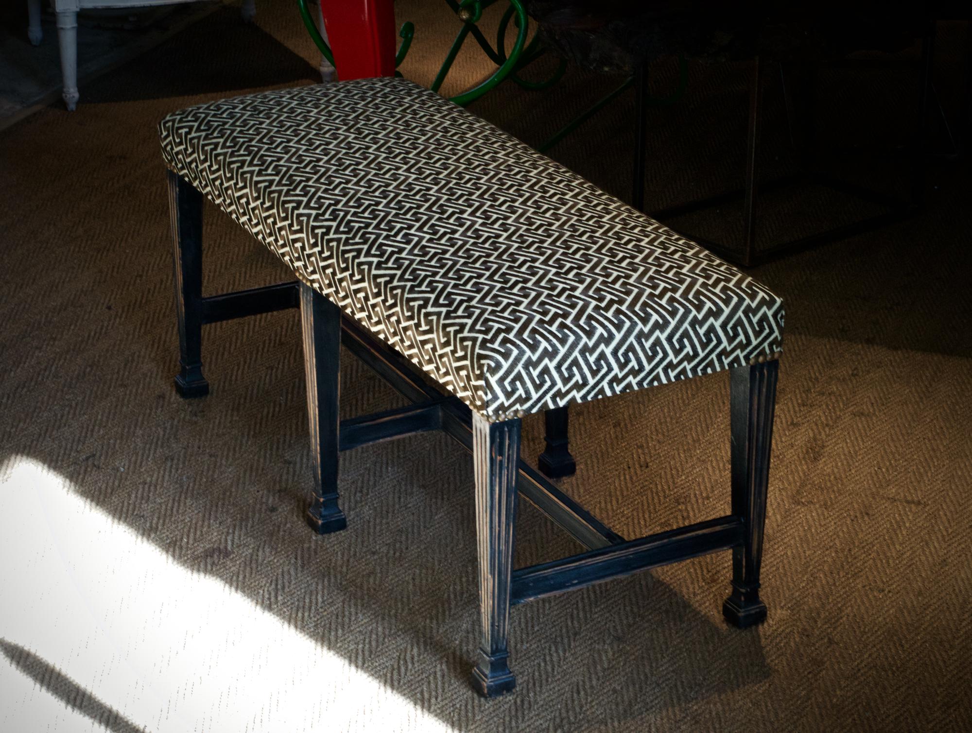 Ebonized Regency Style Bench in David Hicks Geometric Linen For Sale 5