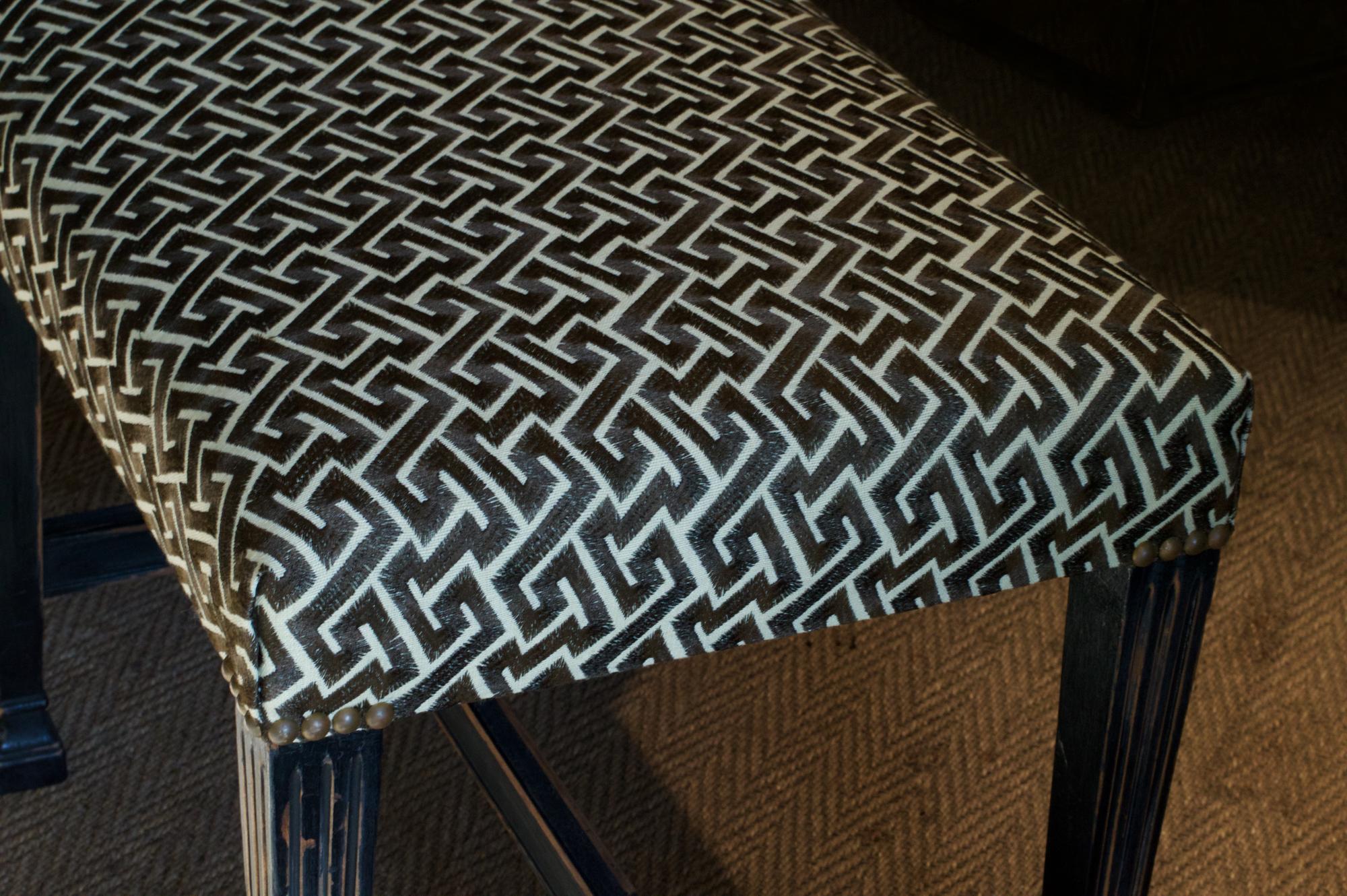 Ebonized Regency Style Bench in David Hicks Geometric Linen For Sale 6