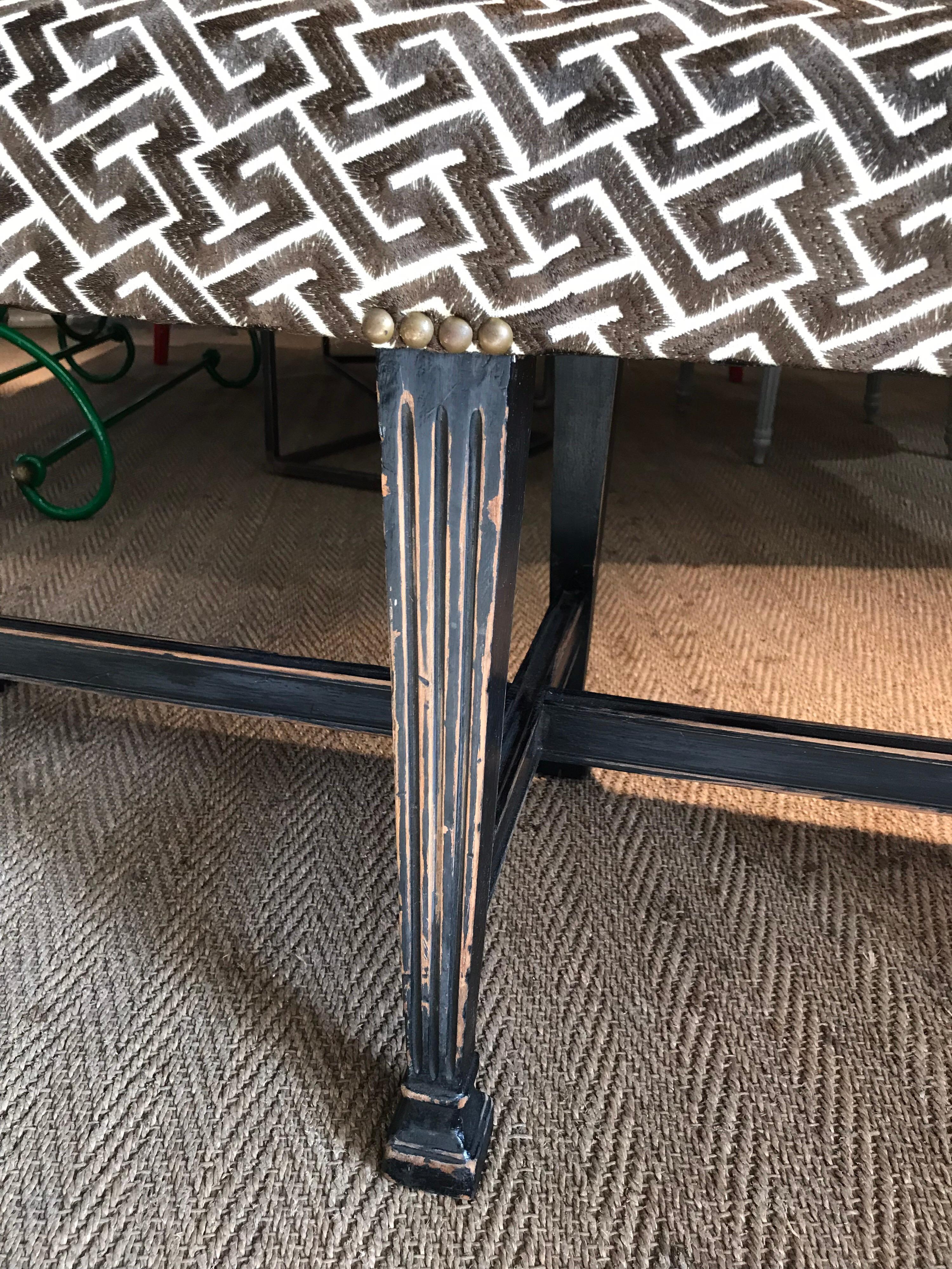Ebonized Regency Style Bench in David Hicks Geometric Linen For Sale 9