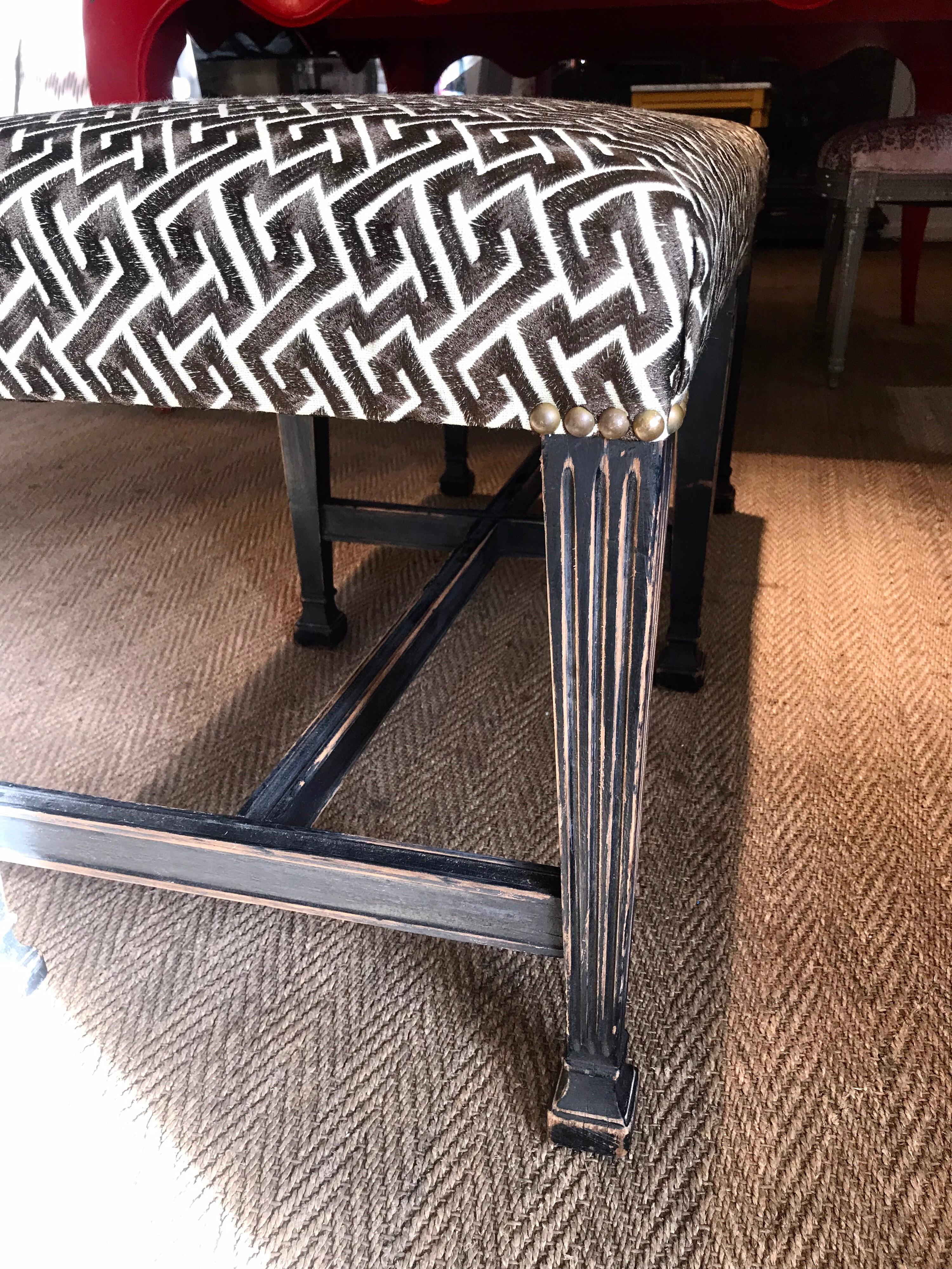 Ebonized Regency Style Bench in David Hicks Geometric Linen For Sale 11