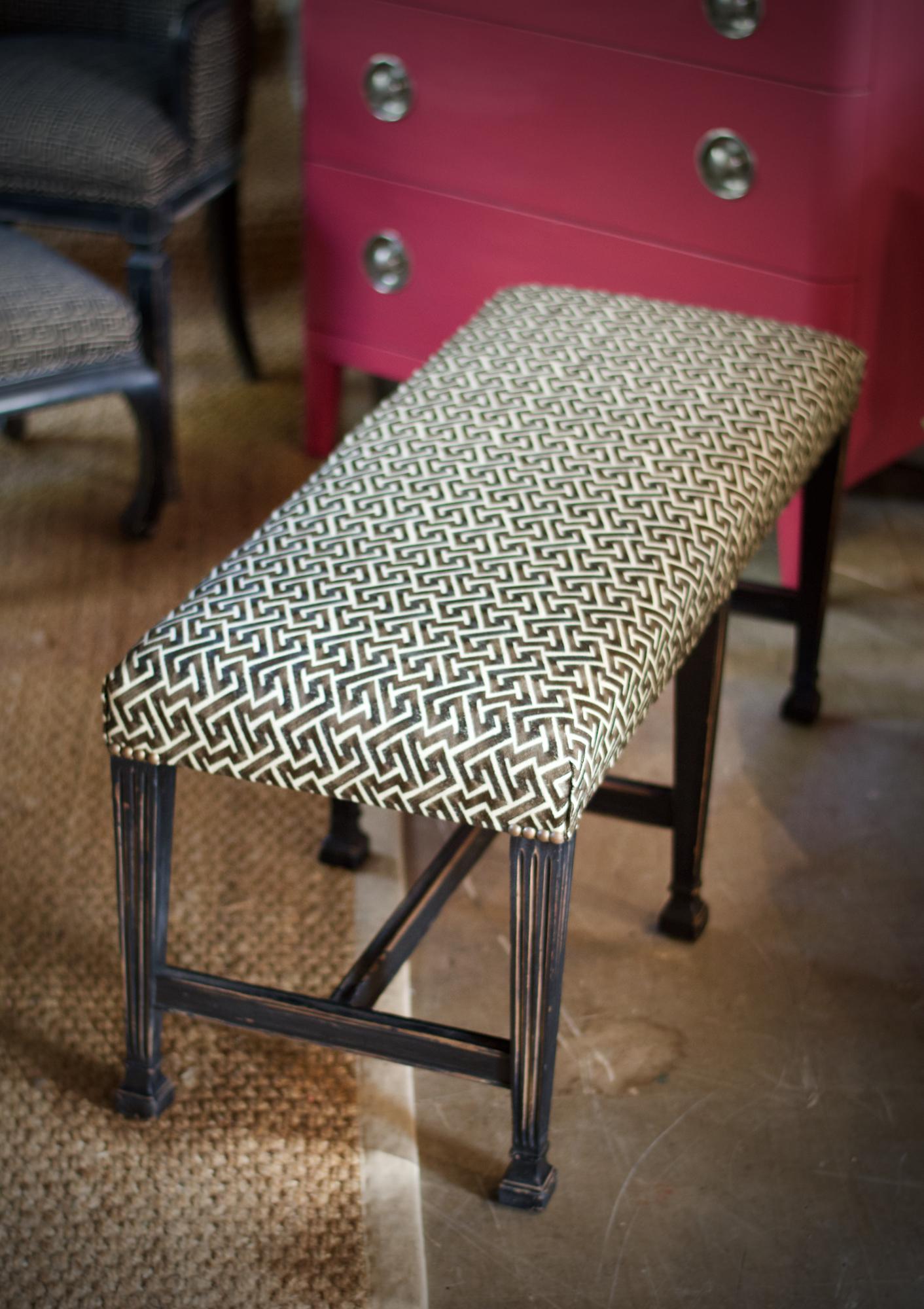 Ebonized Regency Style Bench in David Hicks Geometric Linen For Sale 1