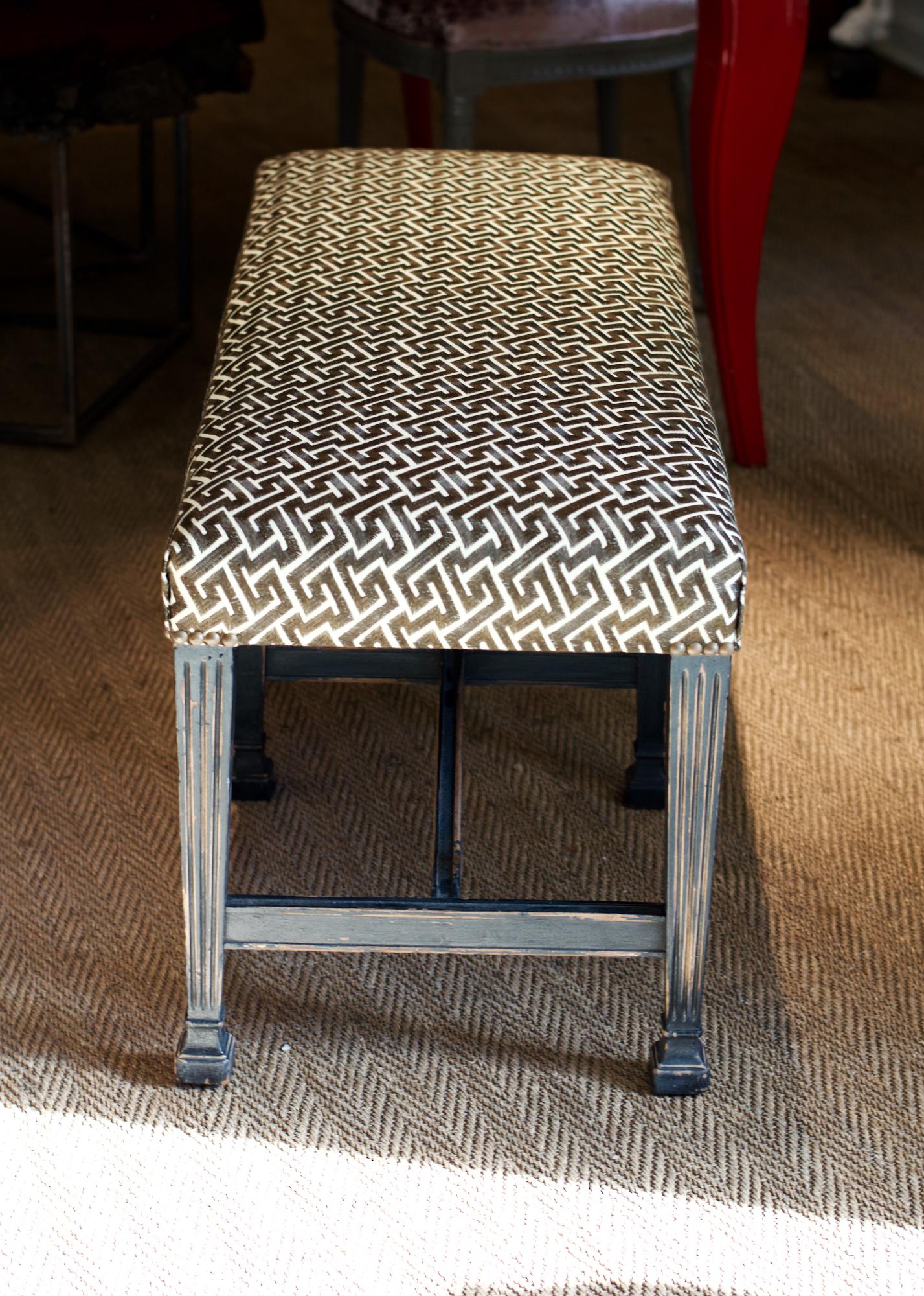 Ebonized Regency Style Bench in David Hicks Geometric Linen For Sale 2