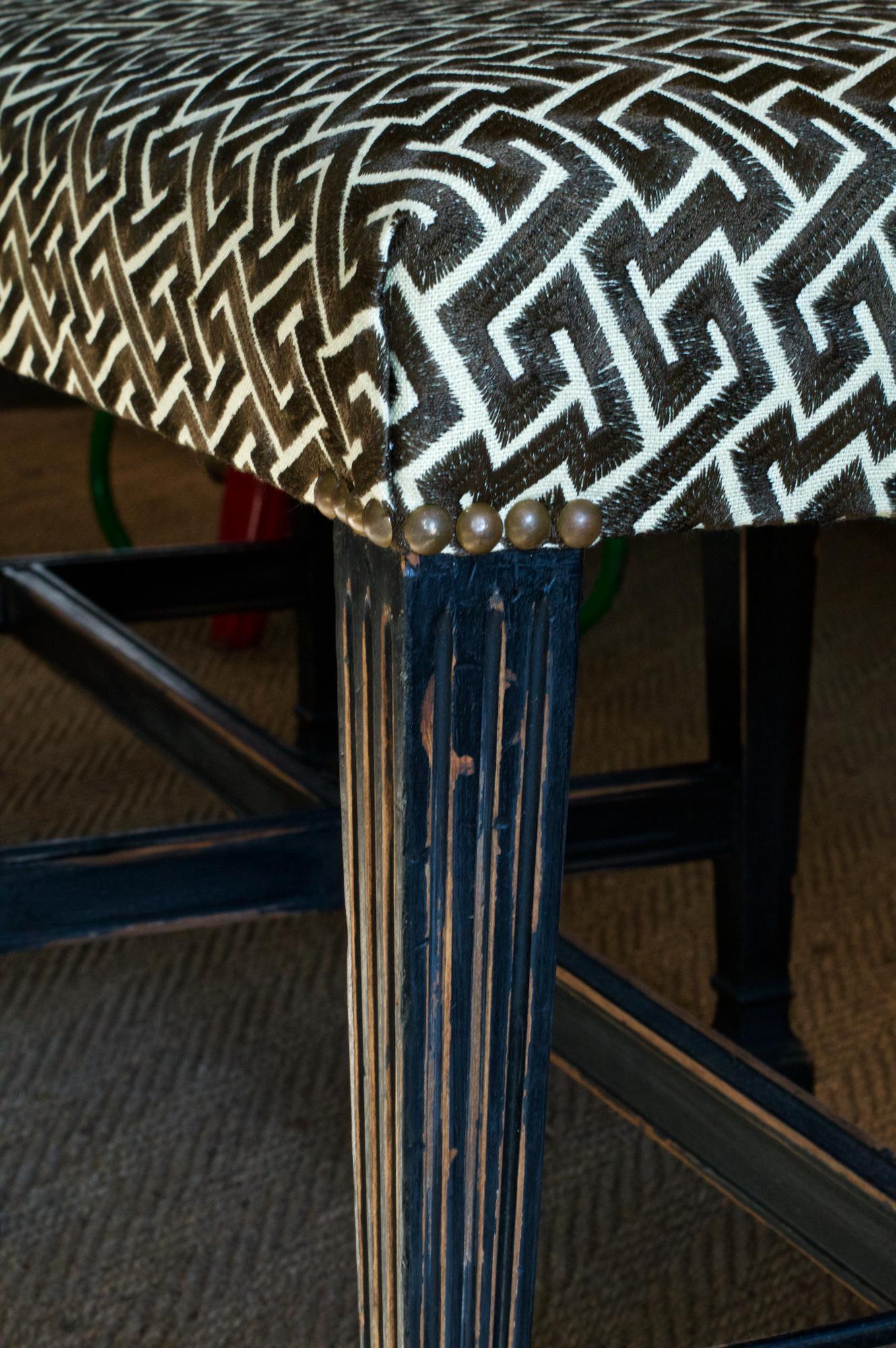 Ebonized Regency Style Bench in David Hicks Geometric Linen For Sale 4