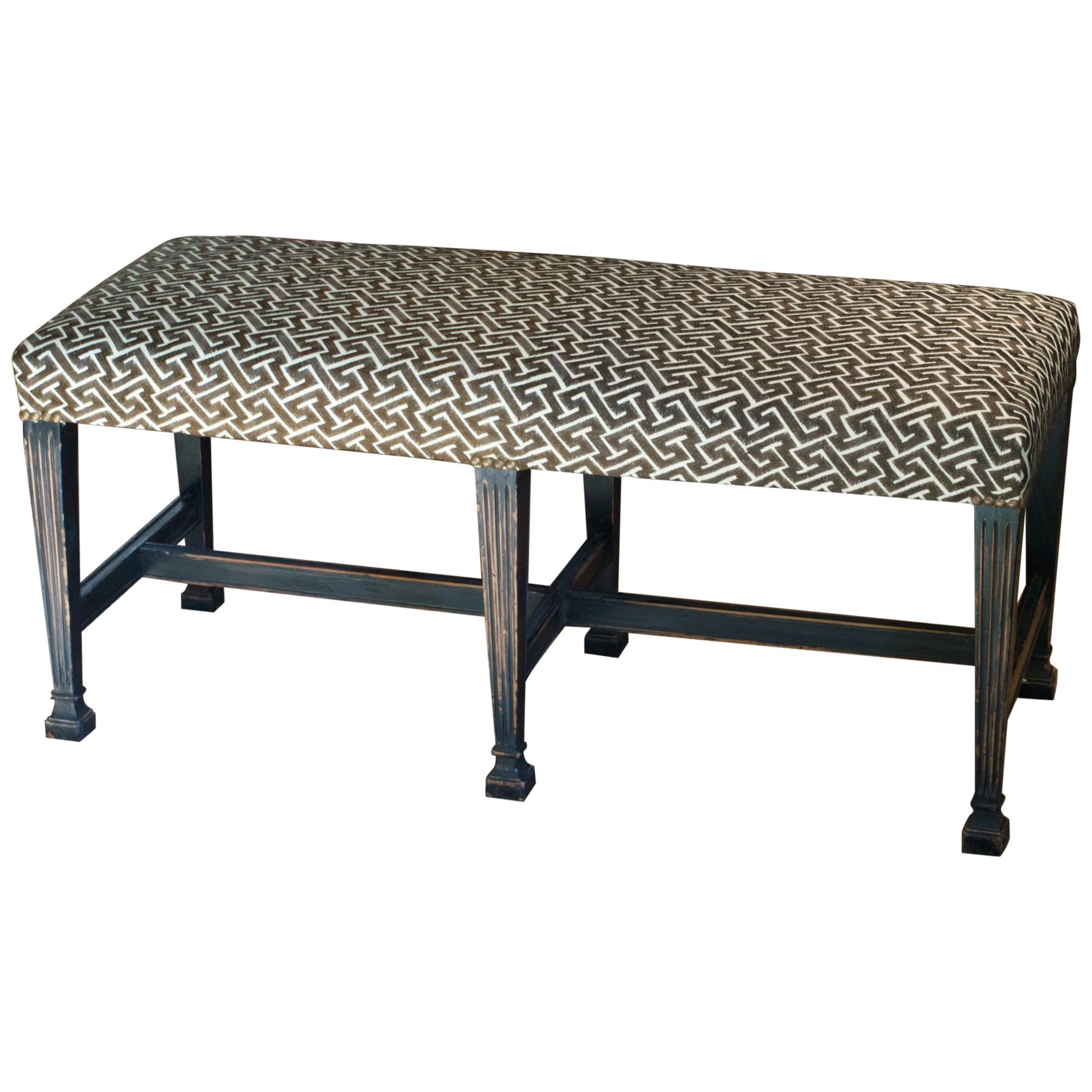 Ebonized Regency Style Bench in David Hicks Geometric Linen For Sale