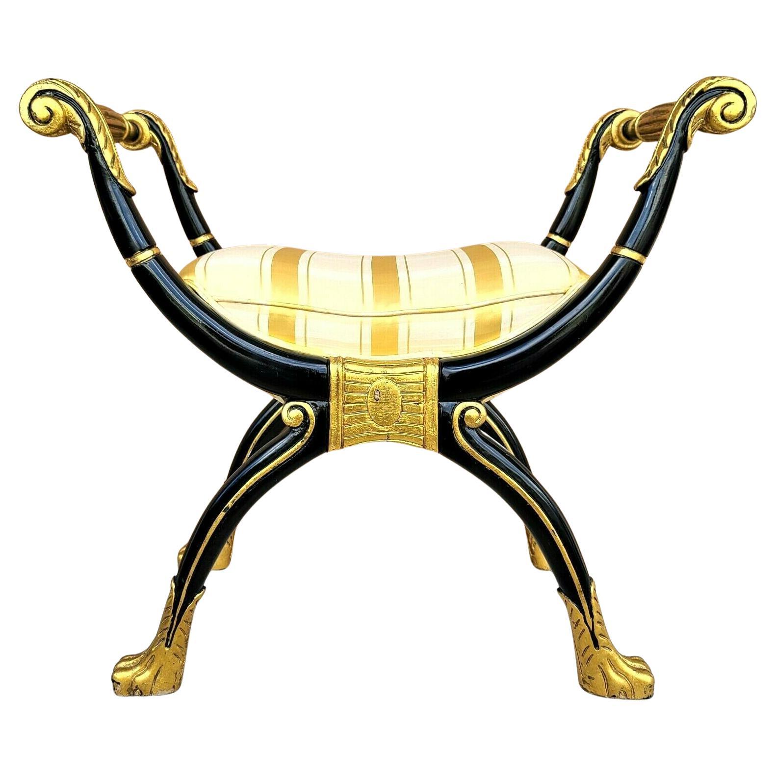 Ebonized Regency Style Claw Footed Bench with Gilt Accents