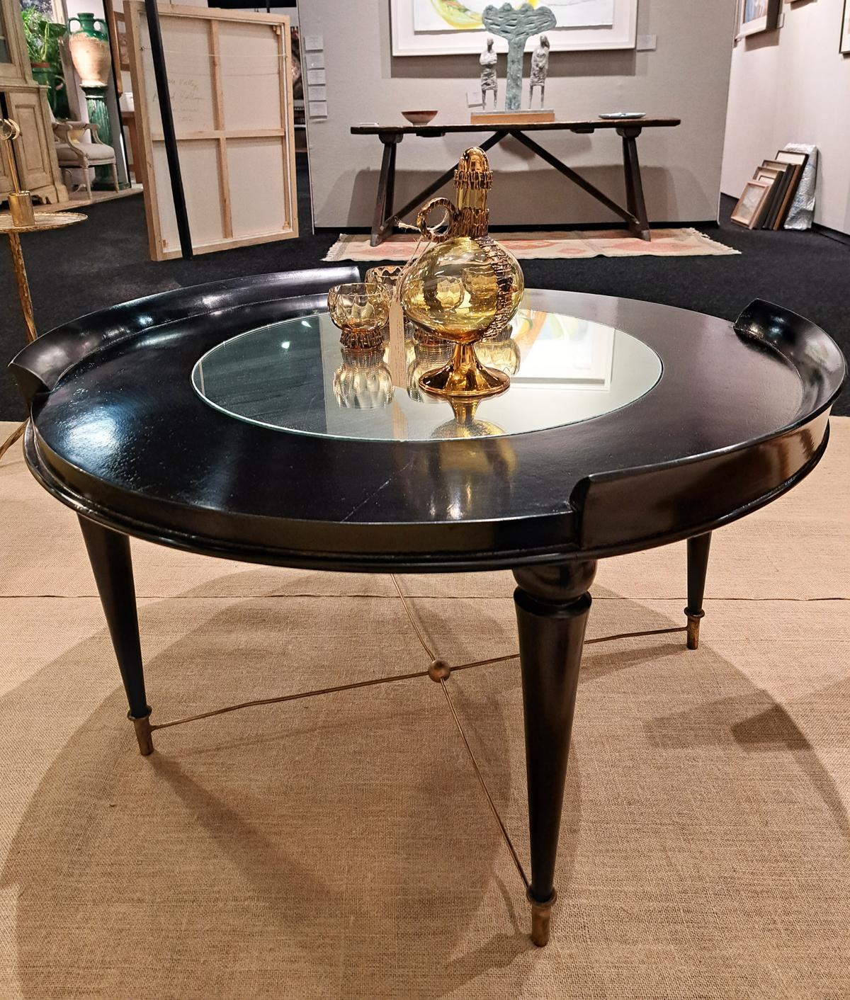 Metal Ebonized Round Coffee Table with a Mirrored Top, 1950s For Sale