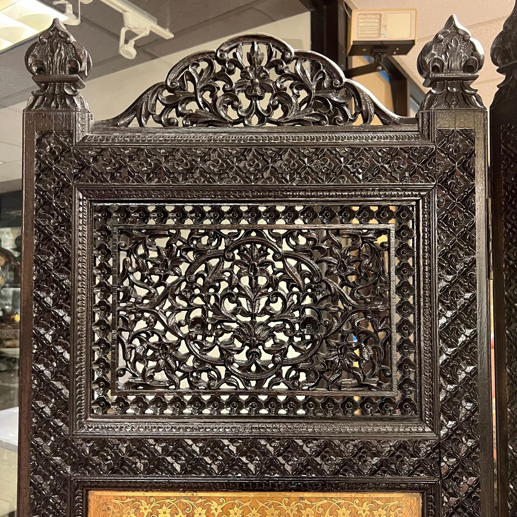 Indian Ebonized Screen with Arabesque Inlaid Brass of Finest Quality For Sale