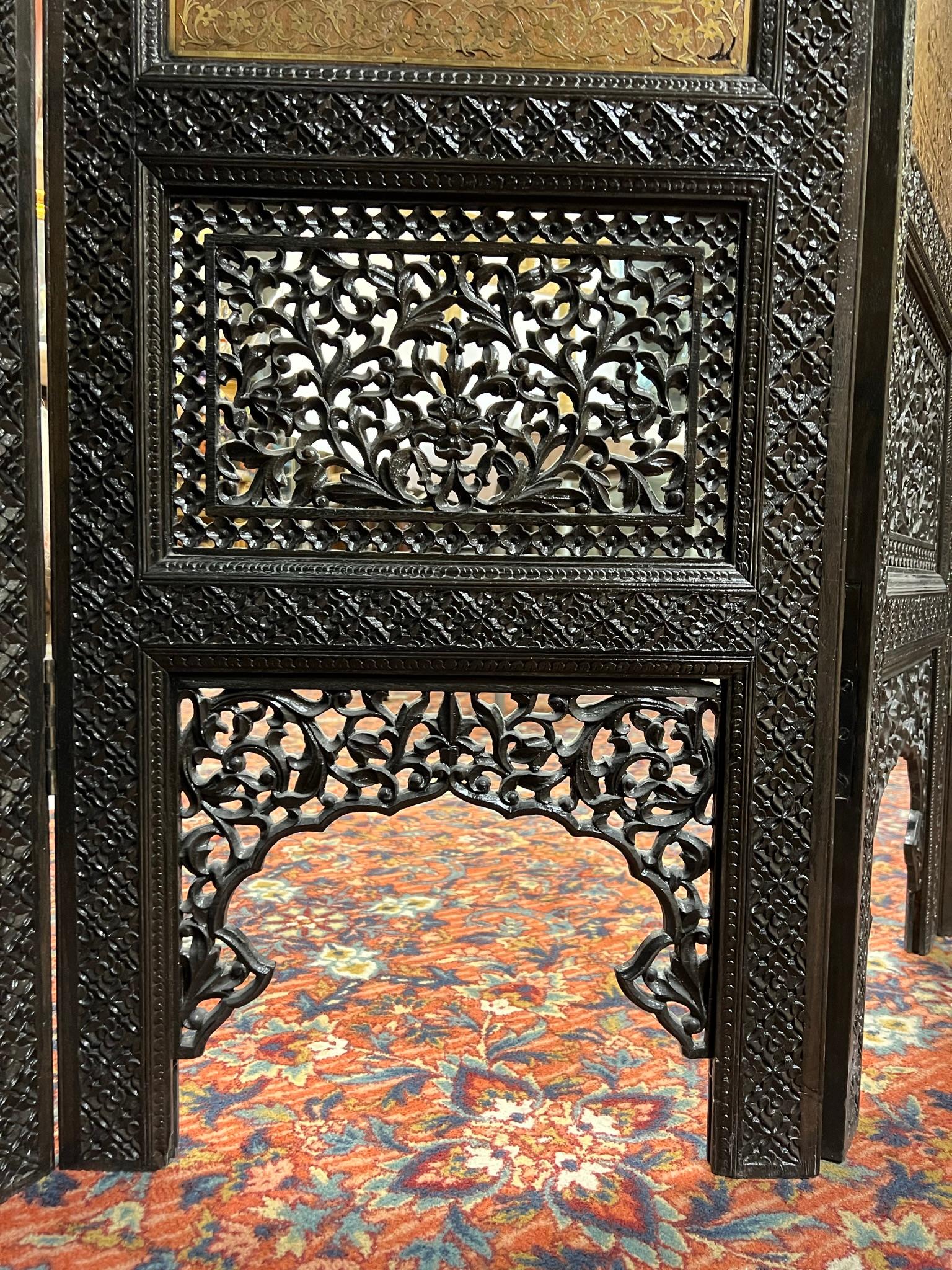 20th Century Ebonized Screen with Arabesque Inlaid Brass of Finest Quality For Sale
