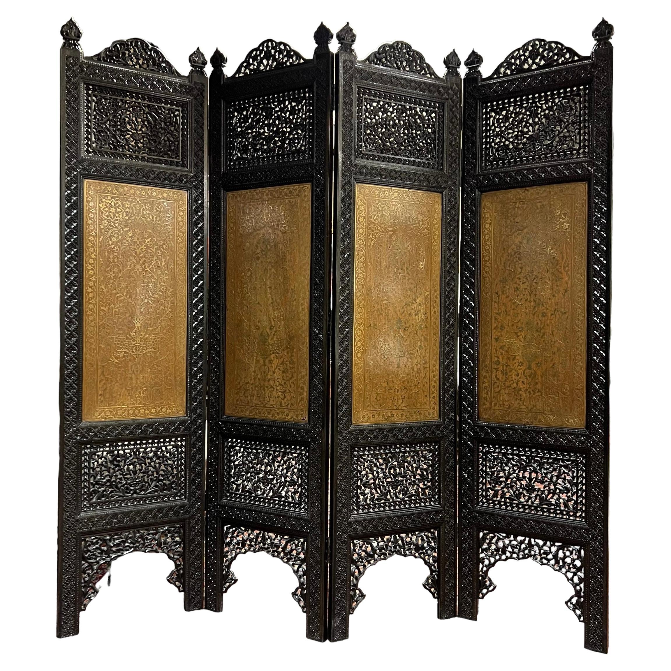 Ebonized Screen with Arabesque Inlaid Brass of Finest Quality For Sale