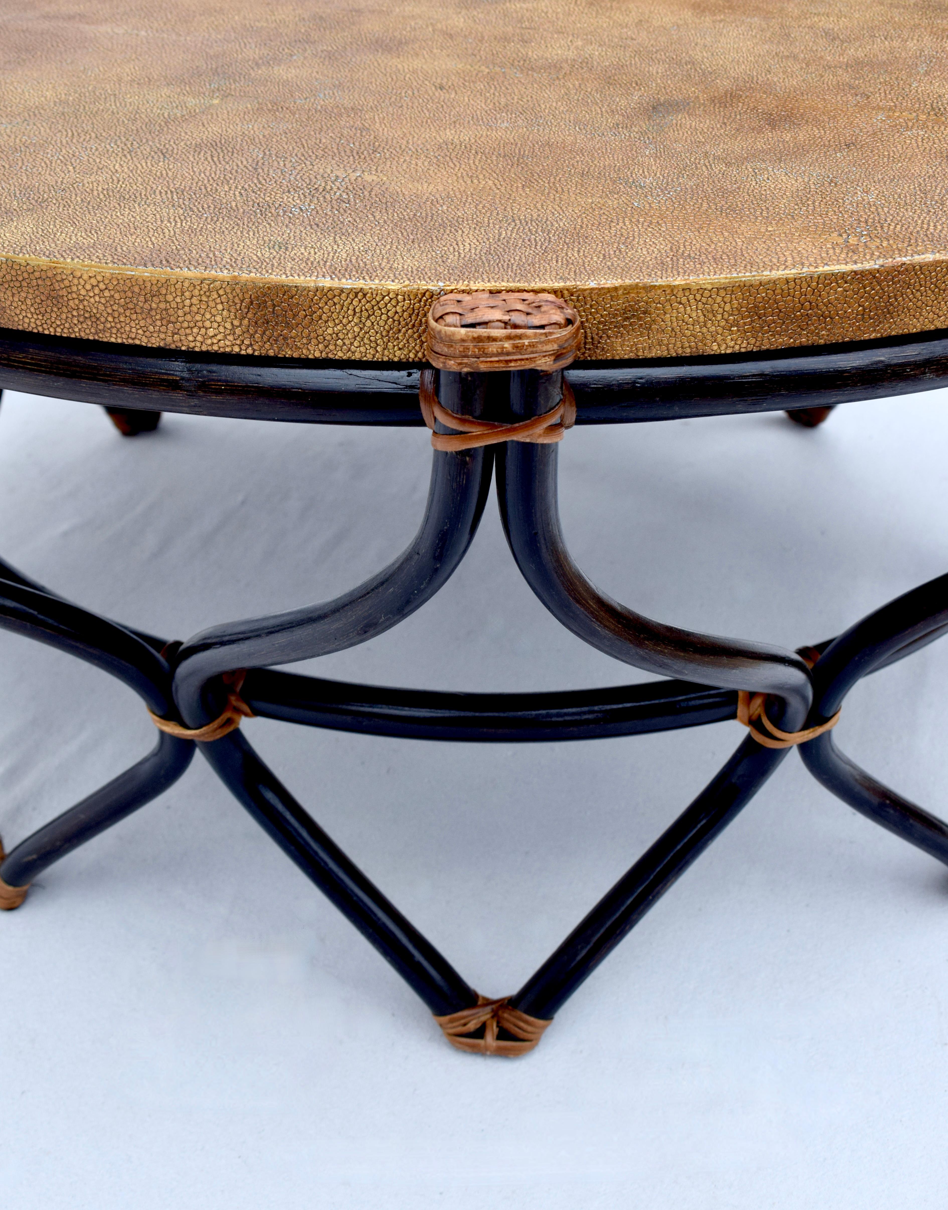 Ebonized Sculpted Rattan Bamboo Faux Shagreen Coffee Cocktail Table 3