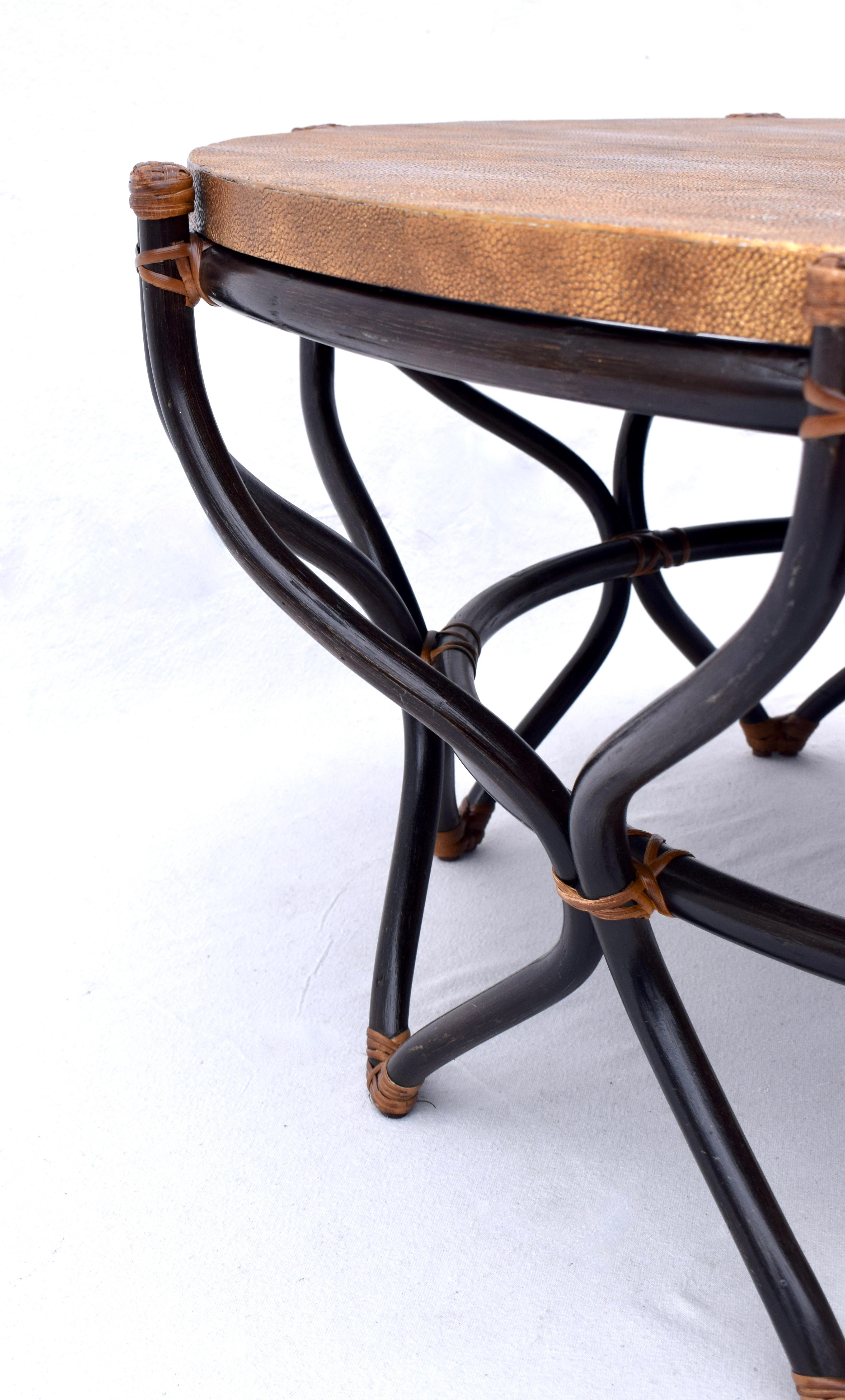 Modern Ebonized Sculpted Rattan Bamboo Faux Shagreen Coffee Cocktail Table