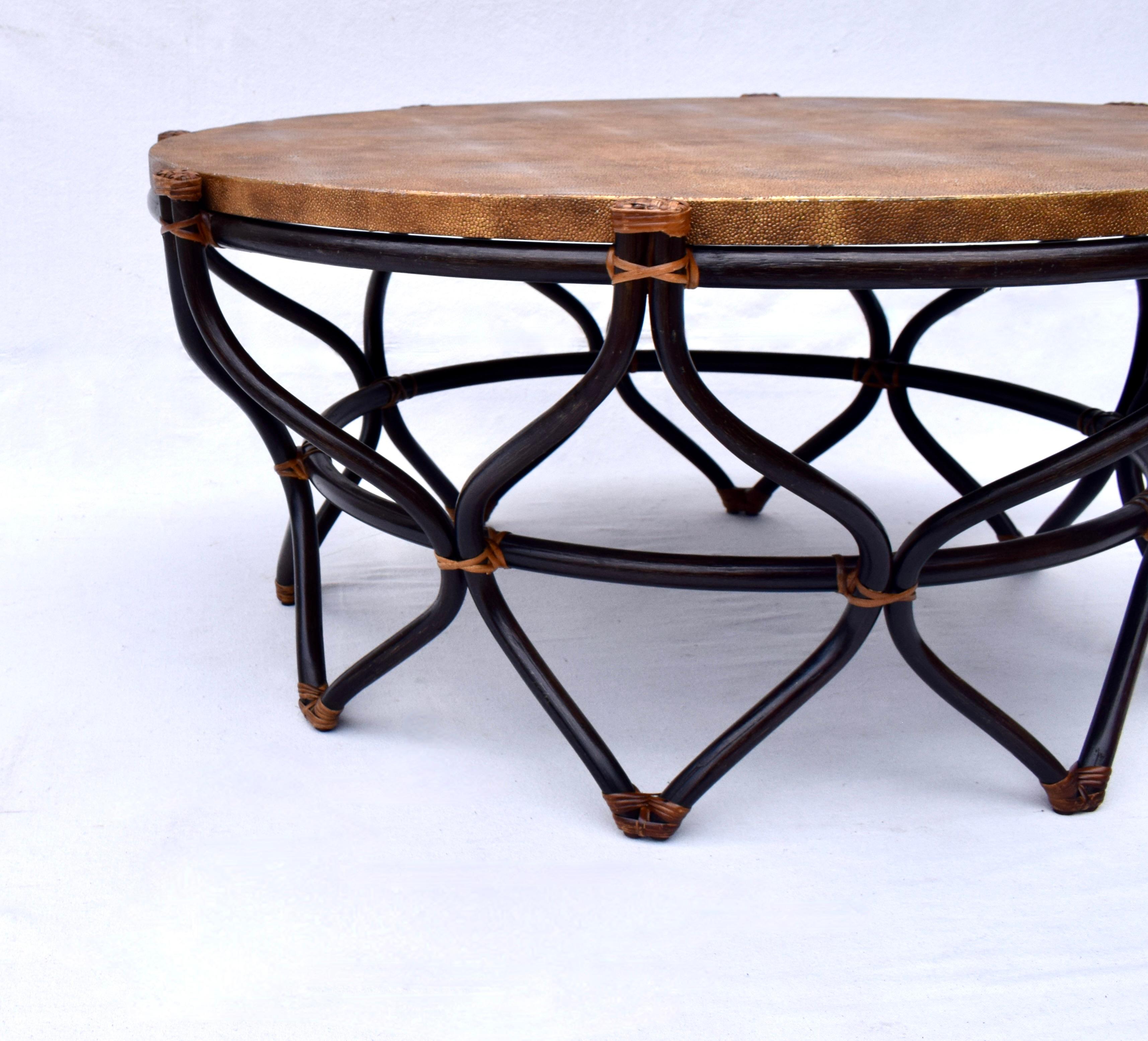 Philippine Ebonized Sculpted Rattan Bamboo Faux Shagreen Coffee Cocktail Table