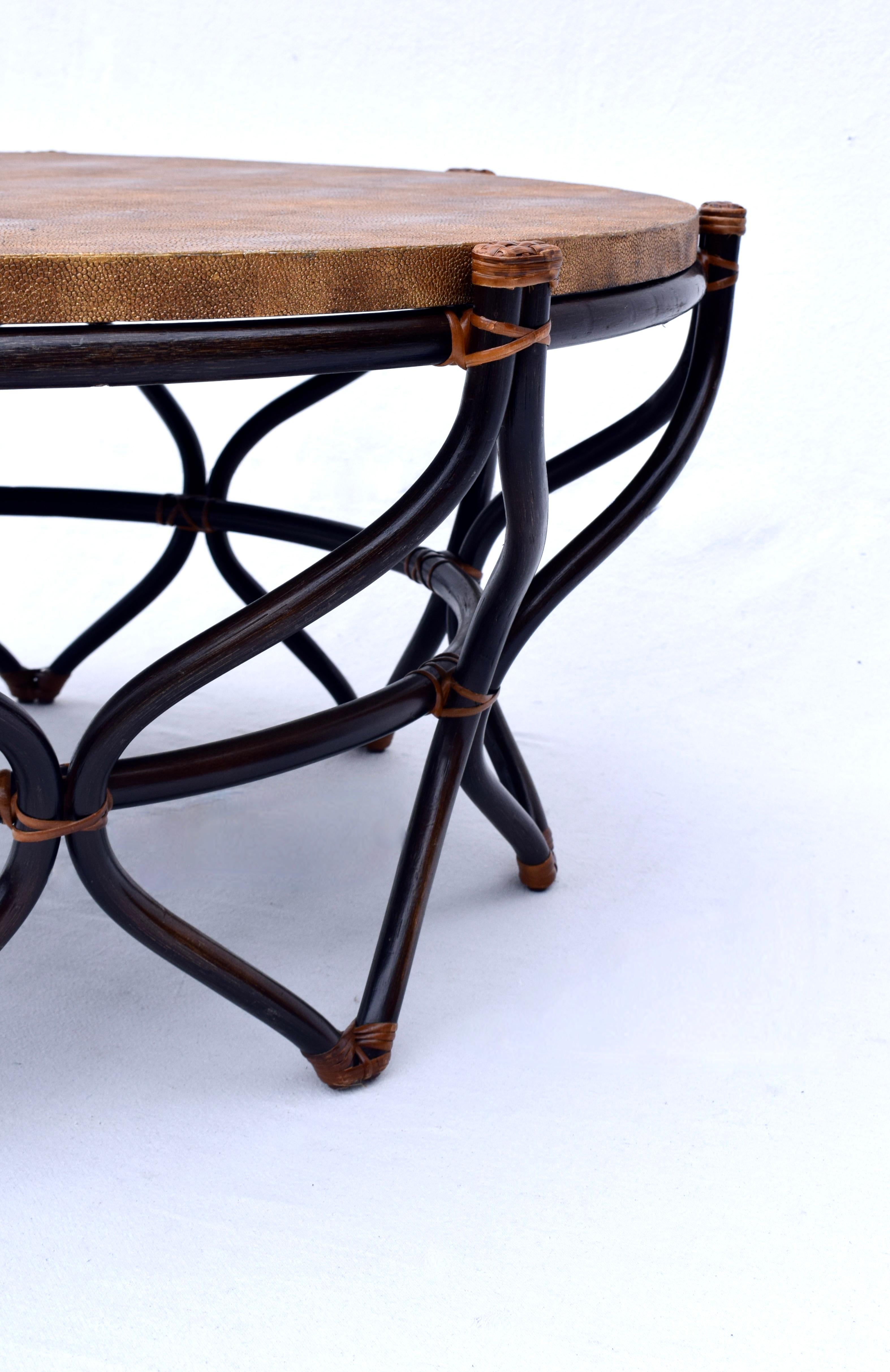 Woven Ebonized Sculpted Rattan Bamboo Faux Shagreen Coffee Cocktail Table