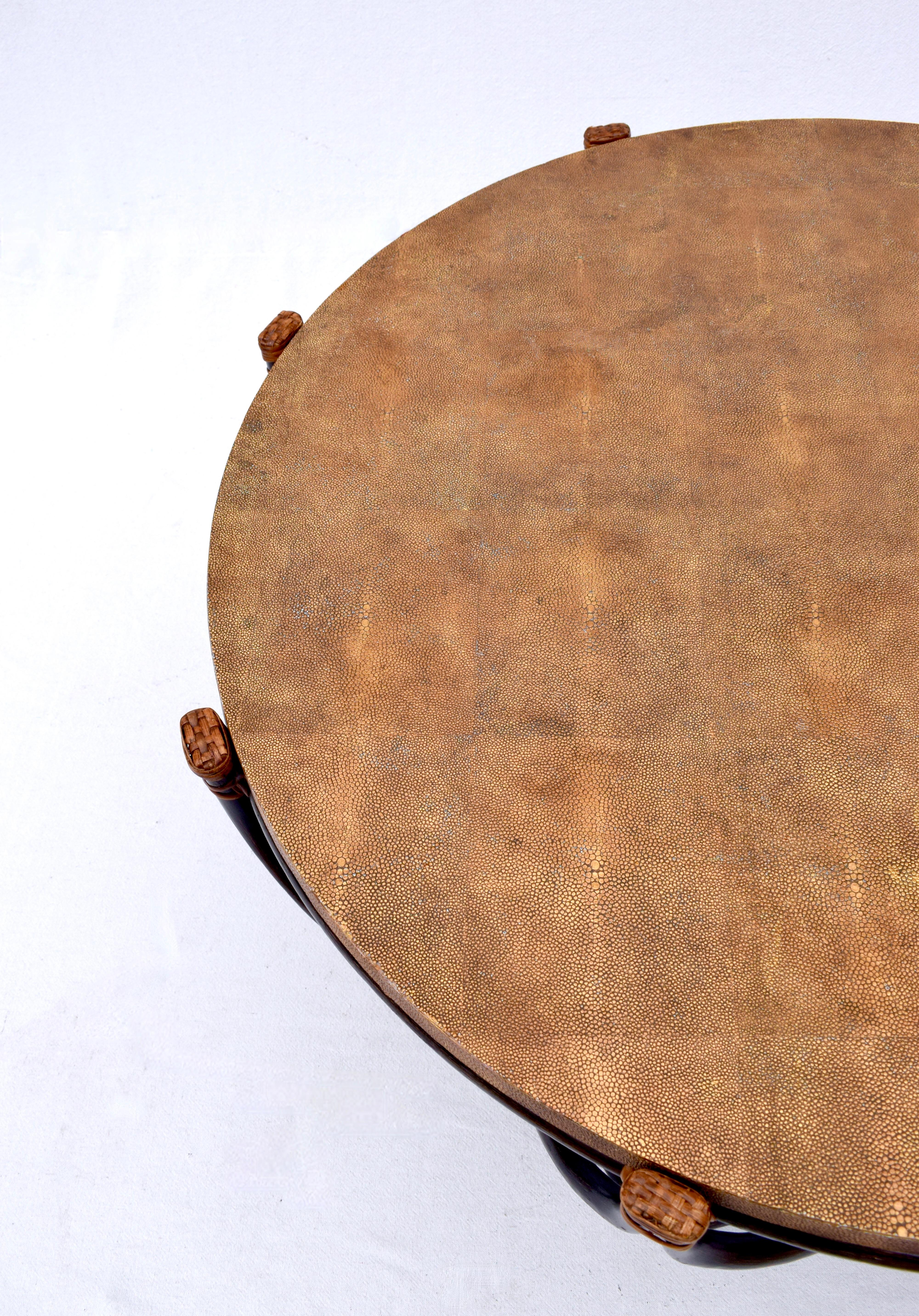 Ebonized Sculpted Rattan Bamboo Faux Shagreen Coffee Cocktail Table In Good Condition In Southampton, NJ