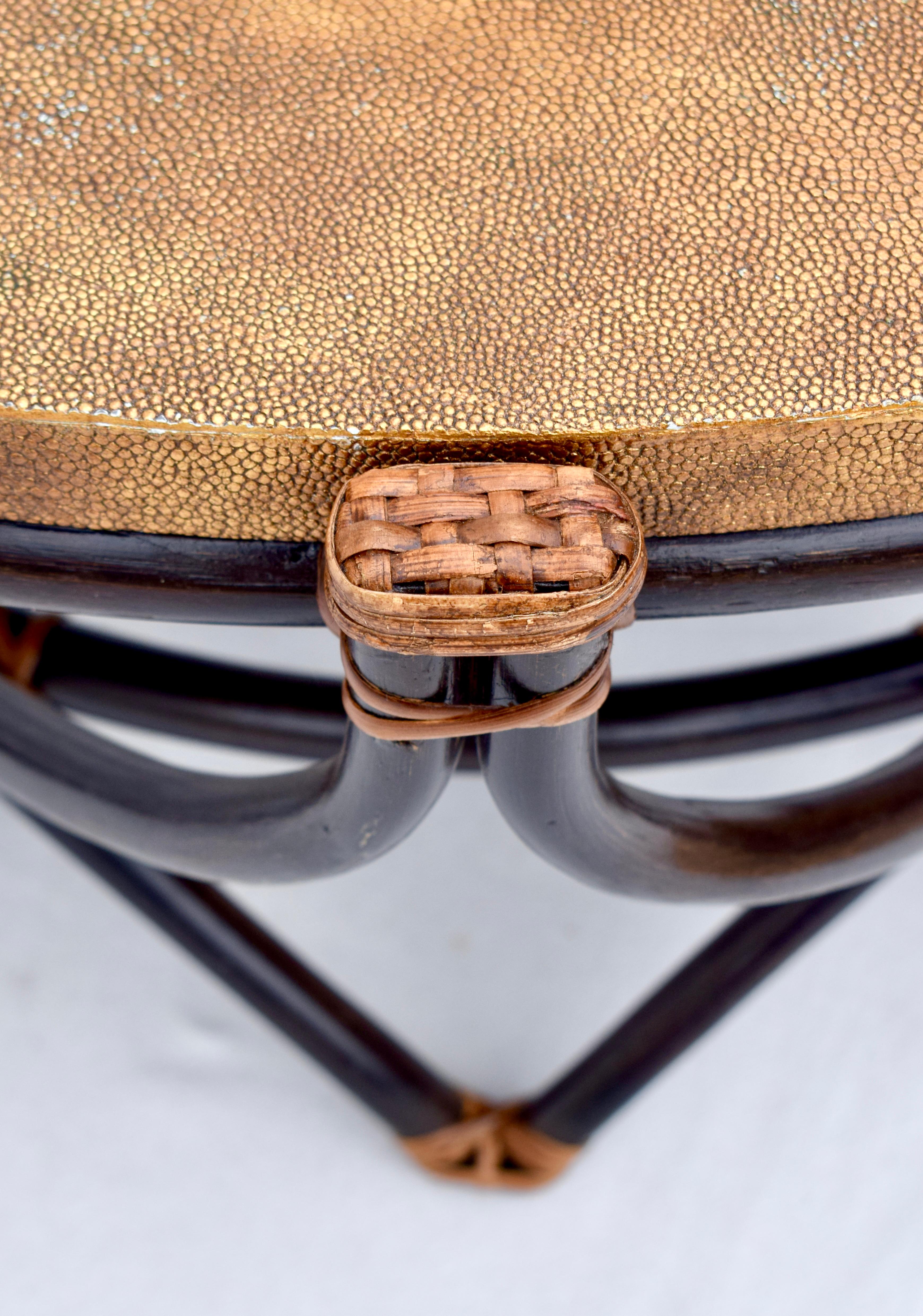 Contemporary Ebonized Sculpted Rattan Bamboo Faux Shagreen Coffee Cocktail Table