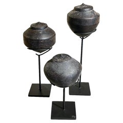 Ebonized Set of Three Wooden Tops Sculptures, Borneo, 19th Century